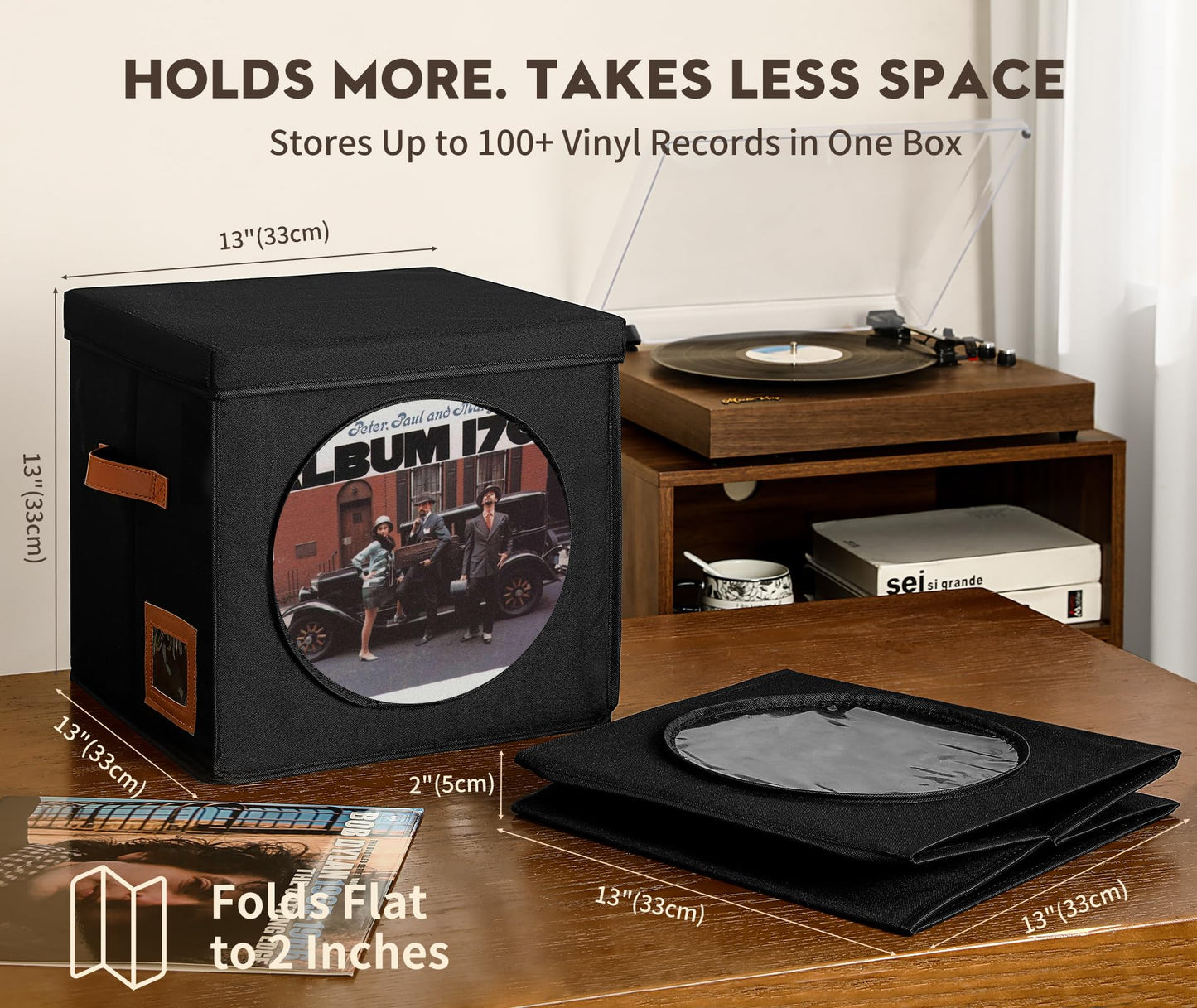 Qozary Vinyl Record Storage Box with Display Window for Album Covers, 2 Pack Record Organizer Crate with Lid, Collapsible LP Storage Box, Label Slot & Leather Handles, Holds Over 100 Vinyl Albums