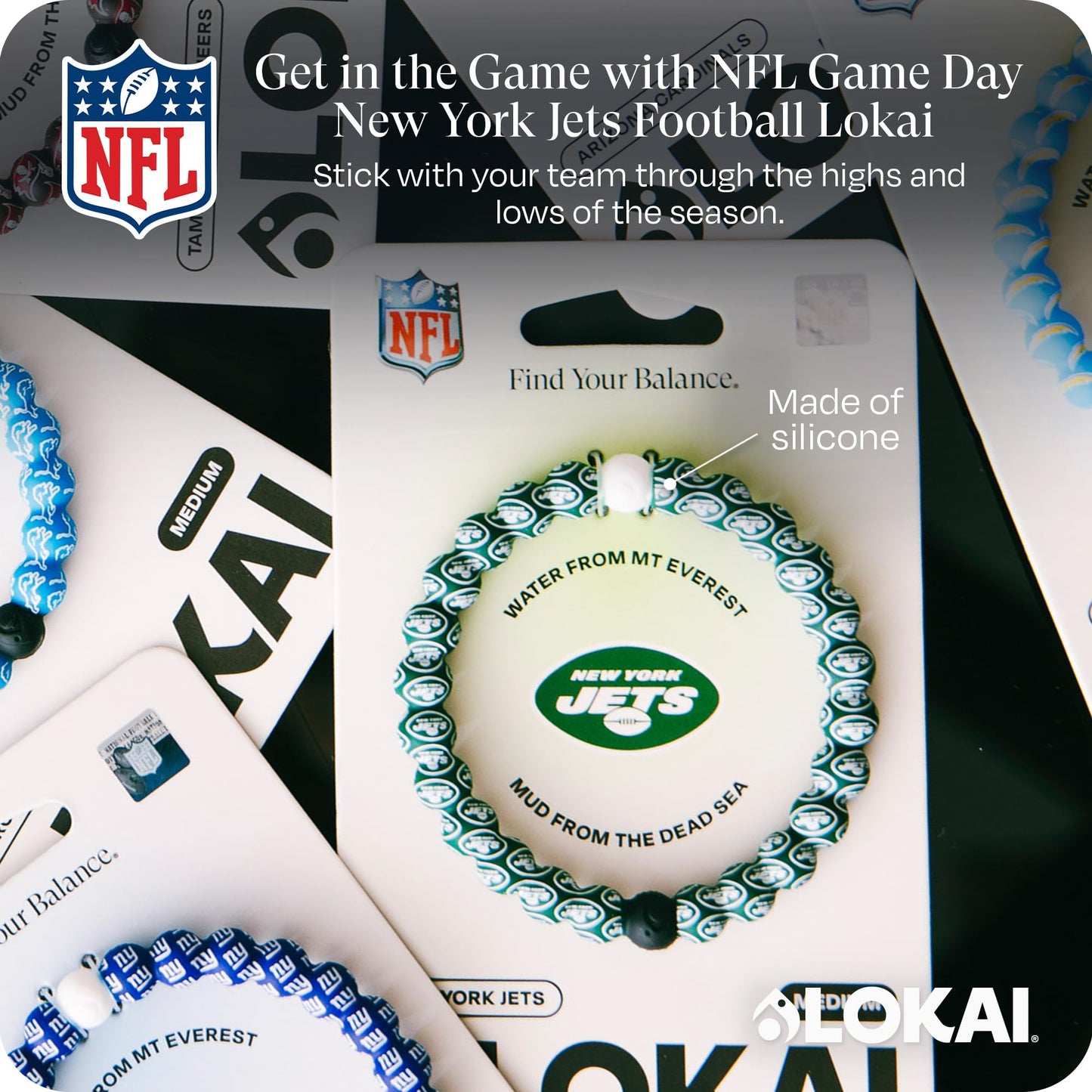 Lokai Silicone Beaded Bracelet for Men & Women, NFL Football Collection - New York Jets, Medium - Silicone Jewelry Fashion Bracelet Slides-On for Comfortable Fit