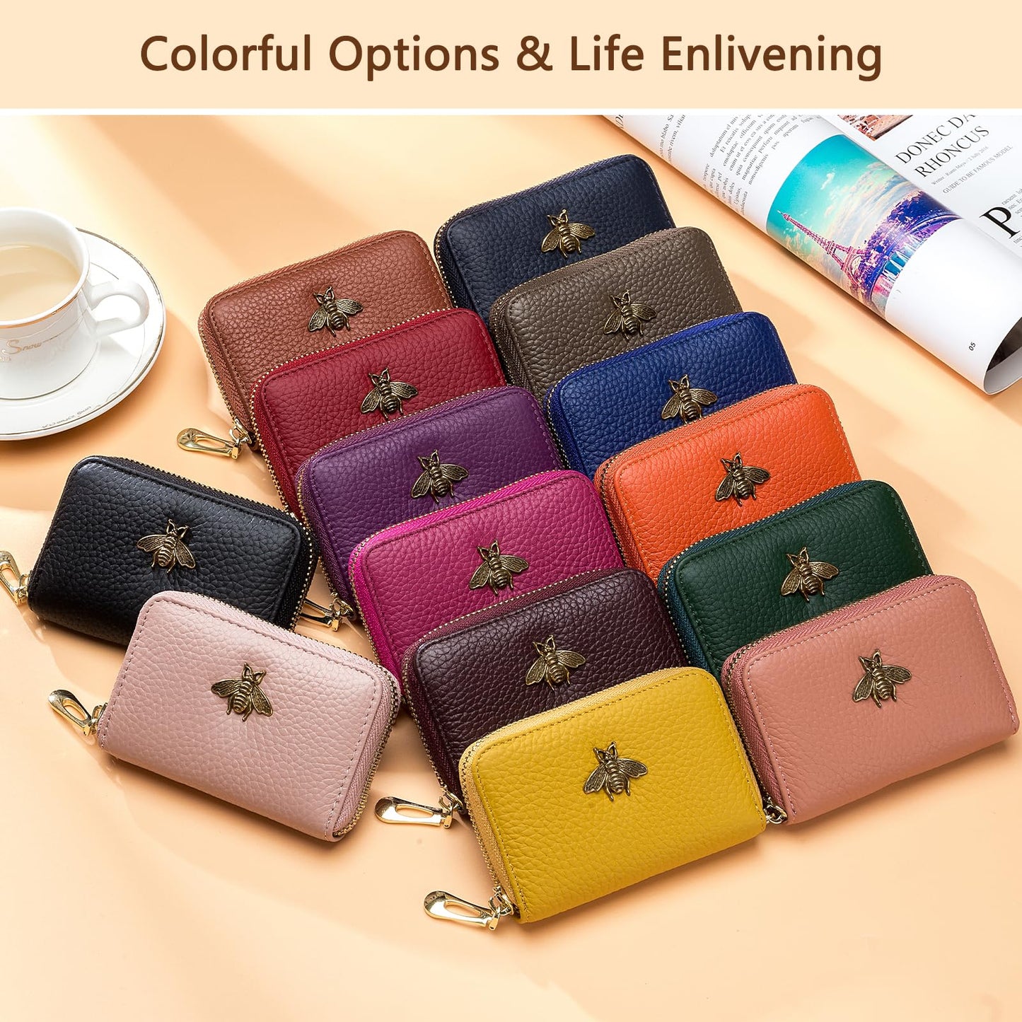 imeetu RFID Credit Card Holder, Small Leather Zipper Card Case Wallet for Women (Lite,Olive Green)