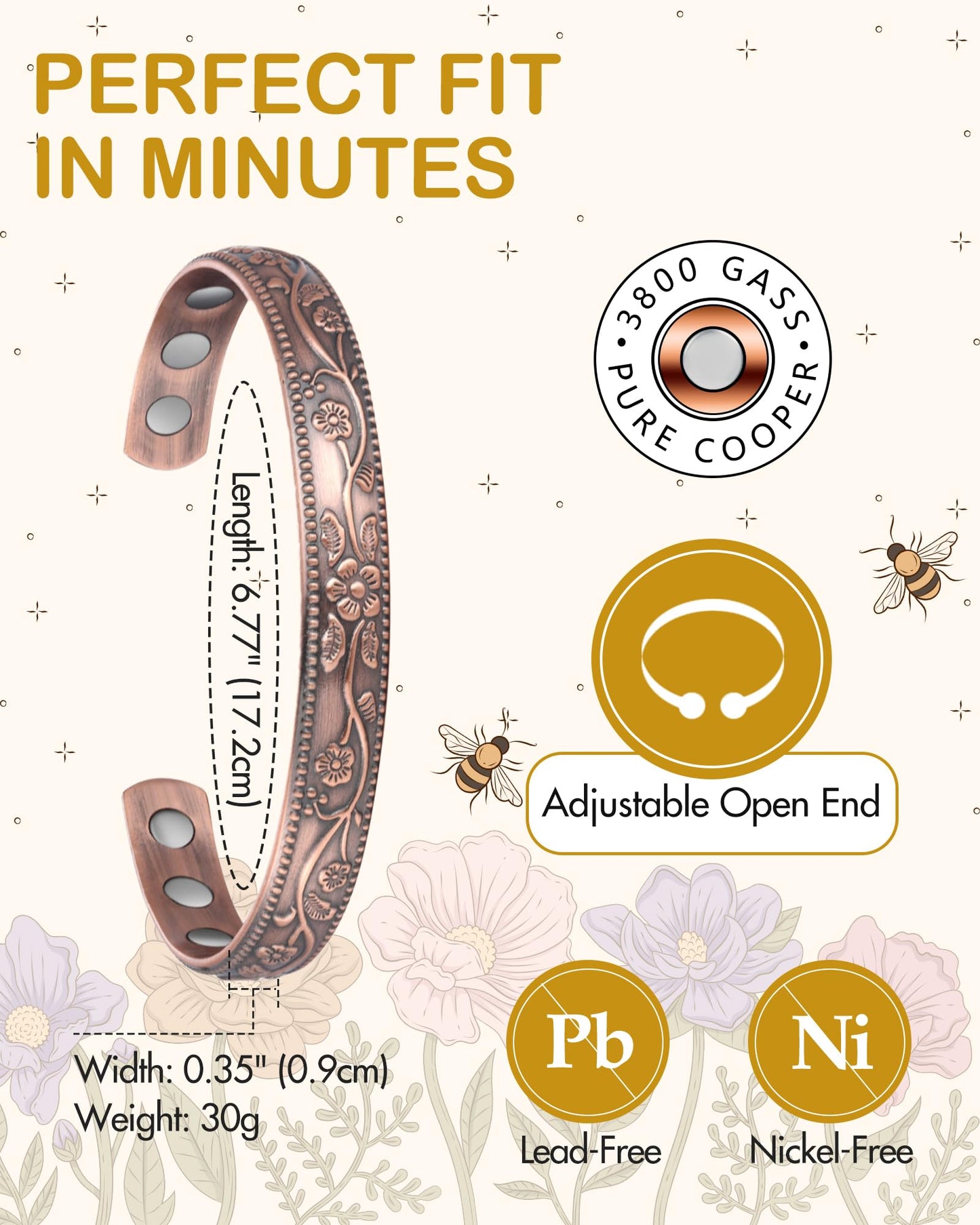 Feraco 99.99% Pure Copper Bracelet for Women, 11X Ultra Strength Magnetic Copper Cuff Bangle with 3500 Gauss Neodymium Magnets, Adjustable Vintage Flower Collection