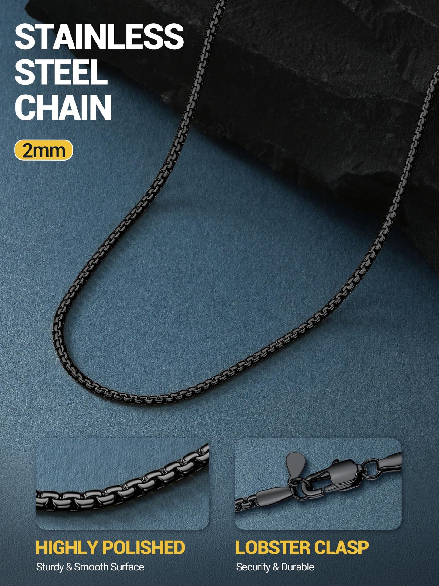 PROSTEEL Mens Black Necklace 2mm Thin Black Necklace Durable Waterproof Minimalist Gothic Jewelry