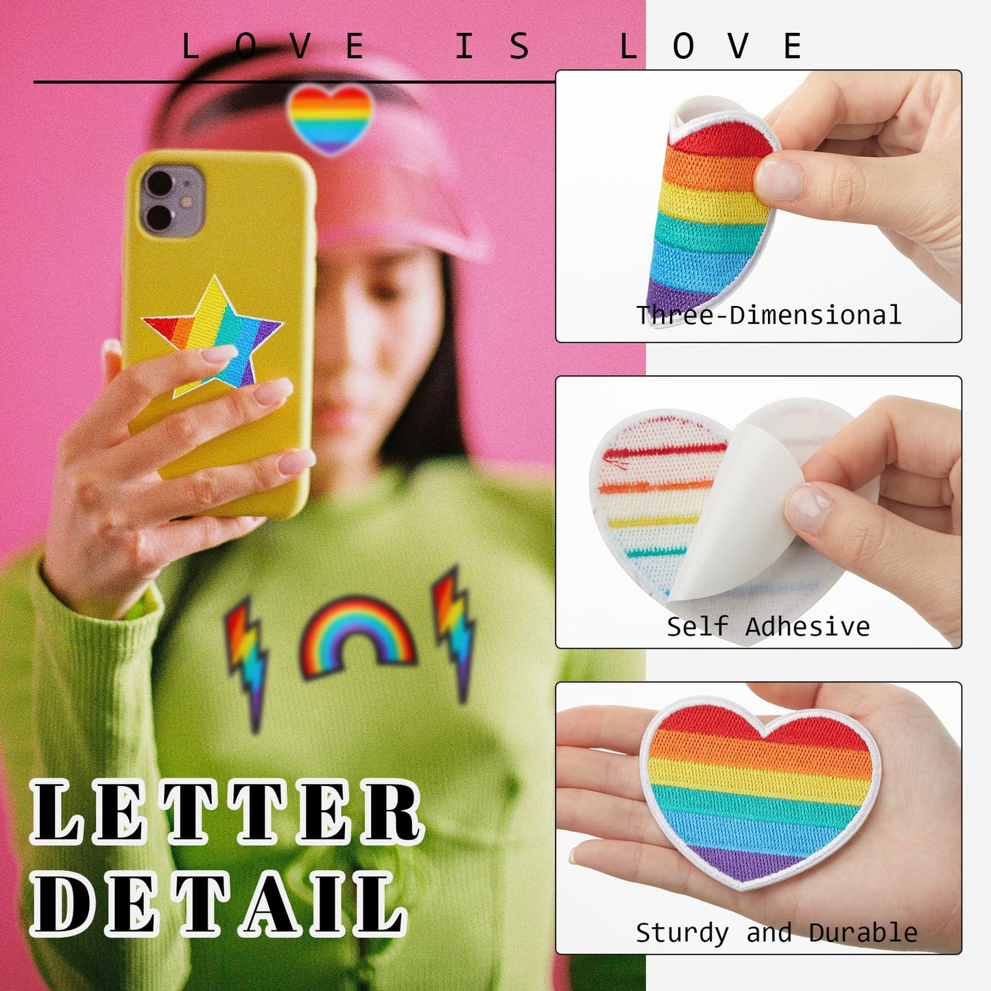 Yuxung 50 Pcs Rainbow Patches Embroidered Iron on Back To School Patches Self Adhesive Appliques Assorted Flags Heart Star Sew on Patch for Teacher Student DIY Craft Clothing Hat Backpack Jeans Jacket