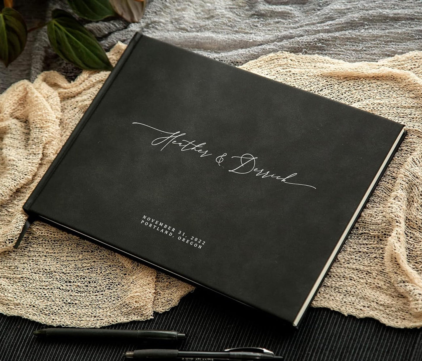 MUUJEE Personalized Guestbook in Charcoal - Premium Custom Modern Guest Book for Wedding Reception, Birthday Party or Events w/Bookmark Blank Pages for Signing 11.5 x 8.5 inches