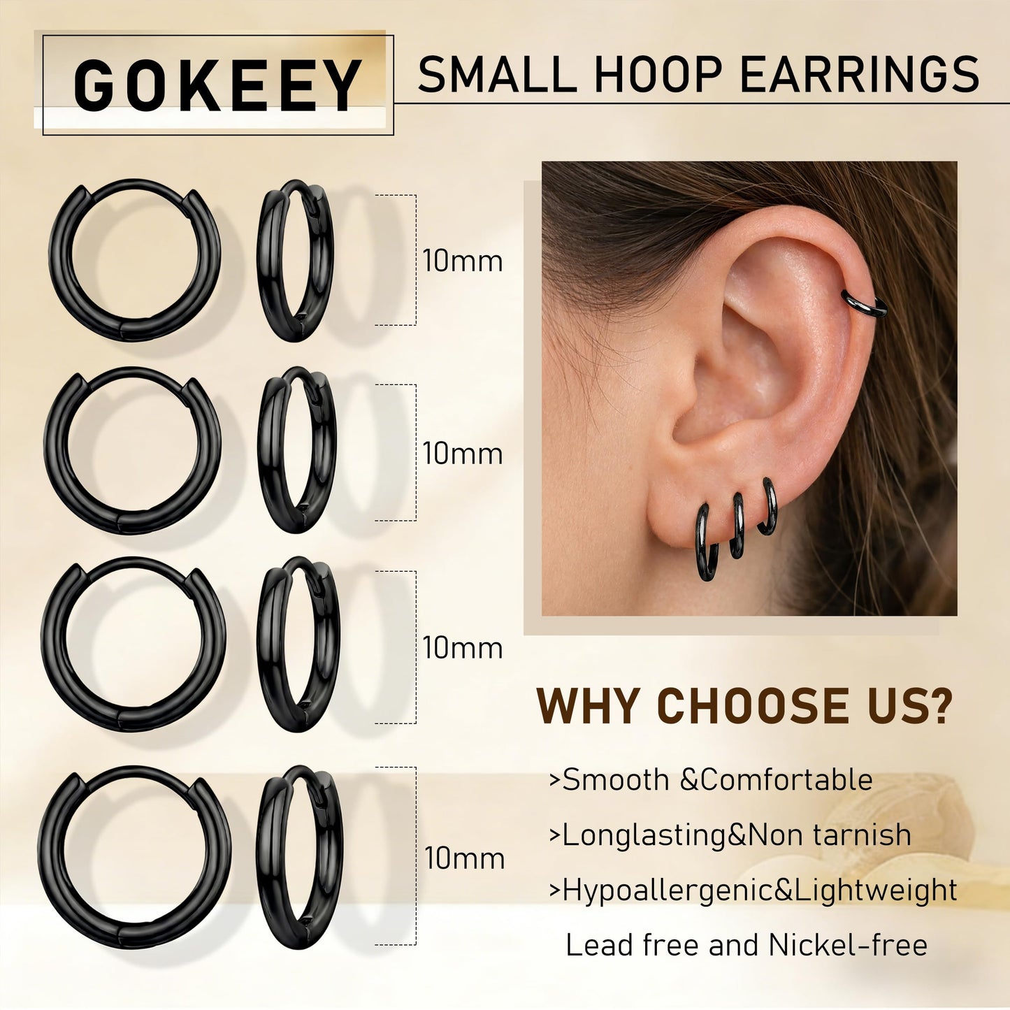 Gokeey Small Gold Huggie Hoop Earrings Set for Women 14K Real Gold Plated Hypoallergenic Lightweight Earrings for Sensitive Ears Everyday Earrings for Cartilage Piercings (10mm/10mm/10mm/10mm, Black)