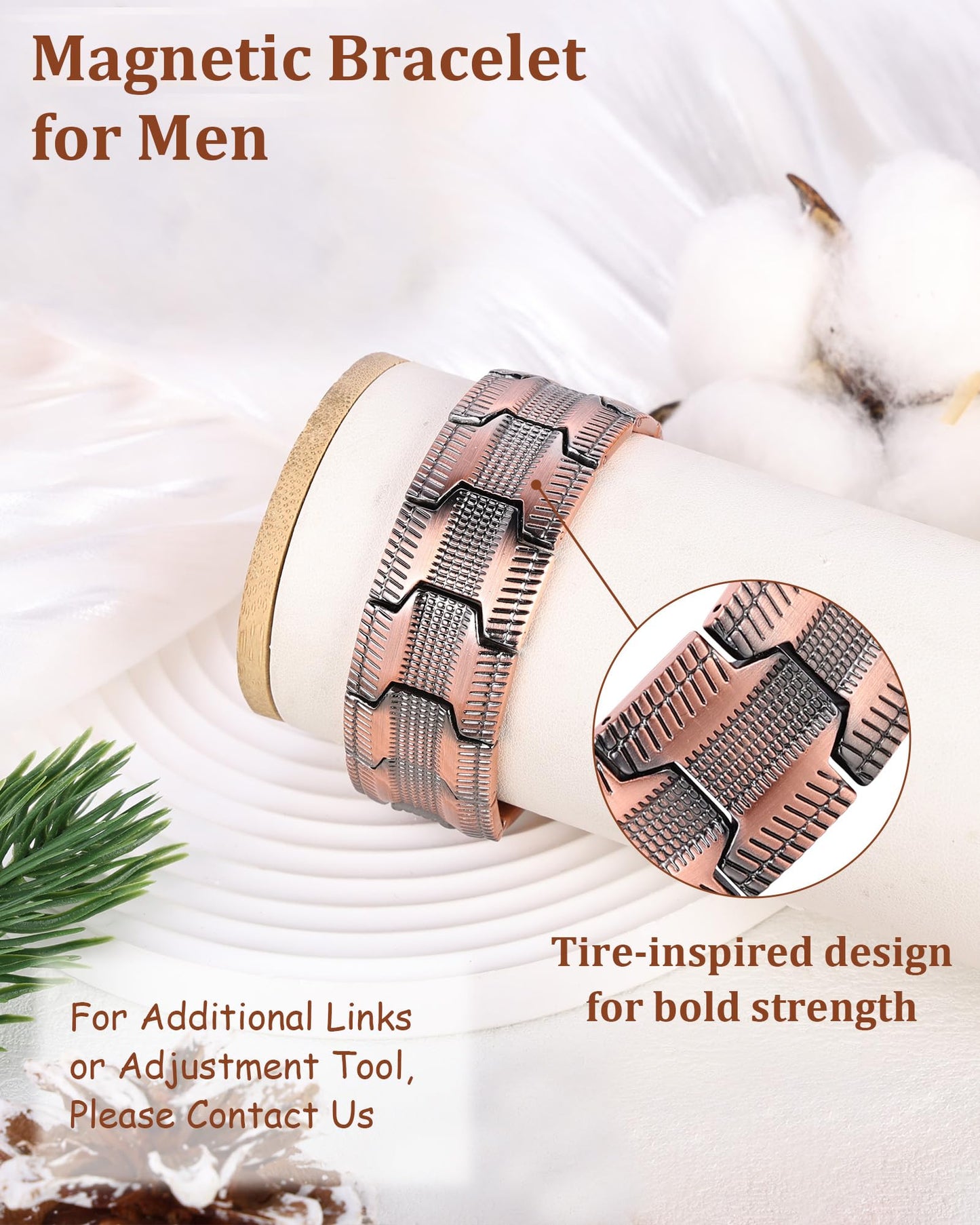 MagEnergy Copper Bracelet for Men, 3-Row Magnet Design, Ultra Strength Magnetic Bracelet 99.99% Pure Copper Wristband Adjustable Jewelry Gift with Sizing Tool(Copper Tire Graphics-Xmas)