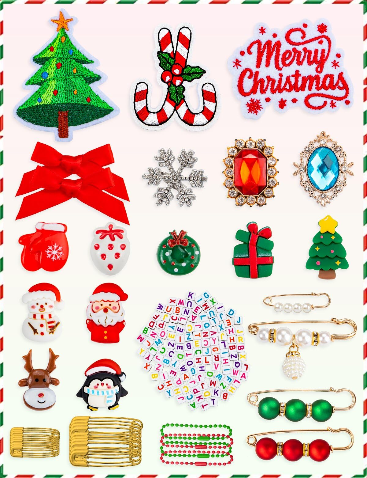 RQAYE 168Pcs Christmas Junk Socks Charms Kit, Gold Brooches and Pins for Women,Pearl and Rhinestone Shoe Charms with Safety Pins for Holiday Decoration
