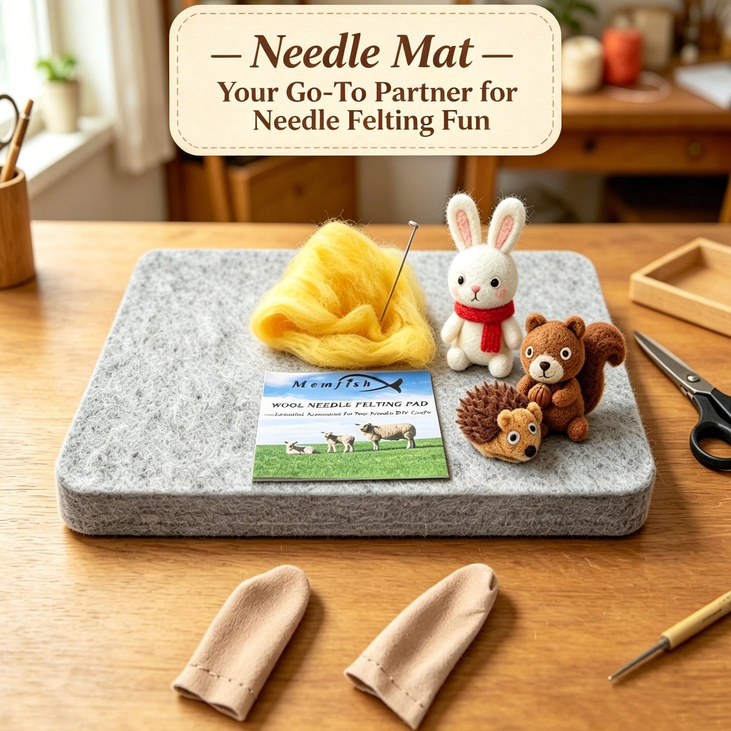 Memfish Wool Needle Felting Pad,10x8x1 inch Needled Felt Mat Block Thick and Firm Base Including Pair of Leather Finger Guards (10in*8in)