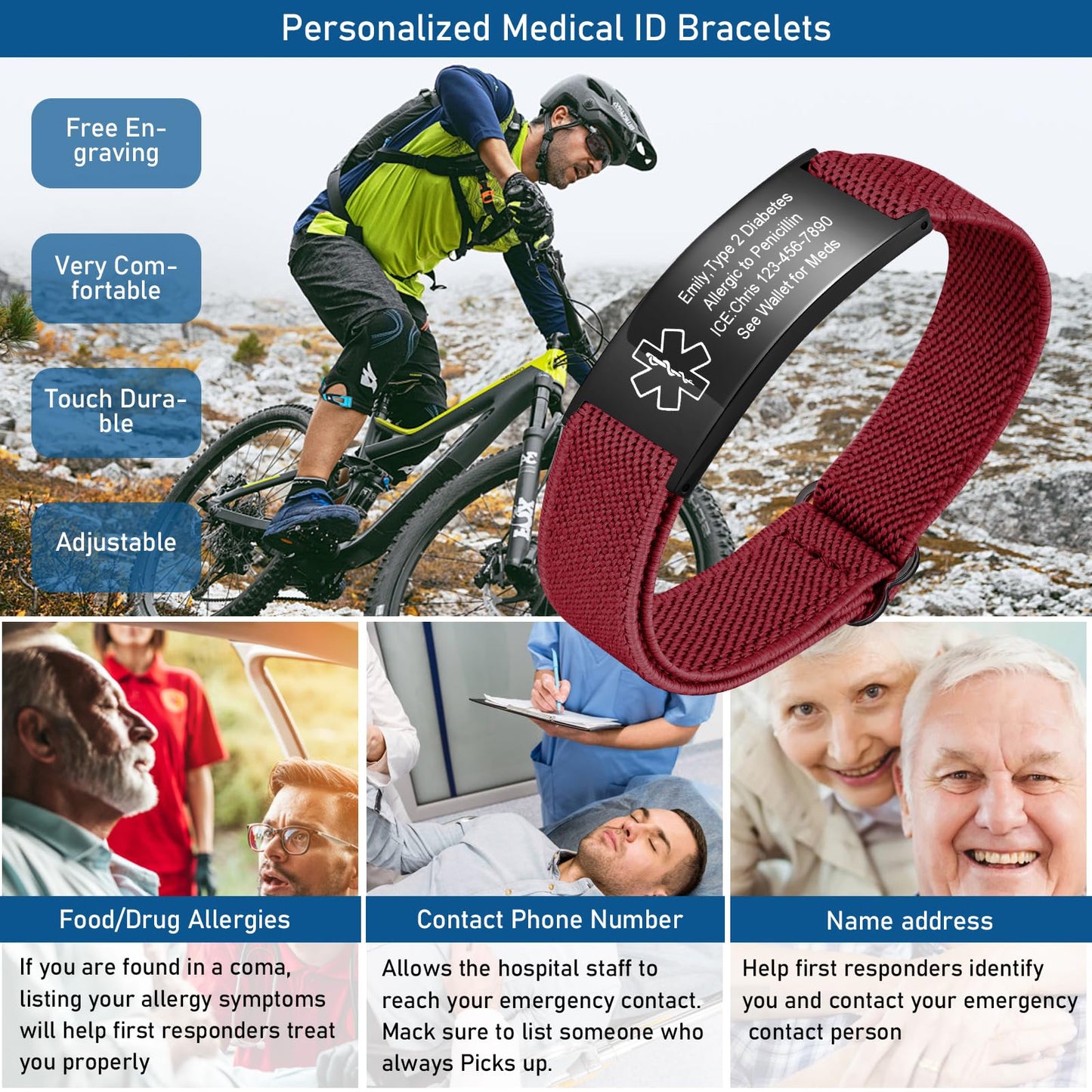 VNOX Medical Alert Bracelets for Men & Women with Free Engraving Adjustable Stainless Steel Mesh Emergency Medical ID Bracelets Wristband