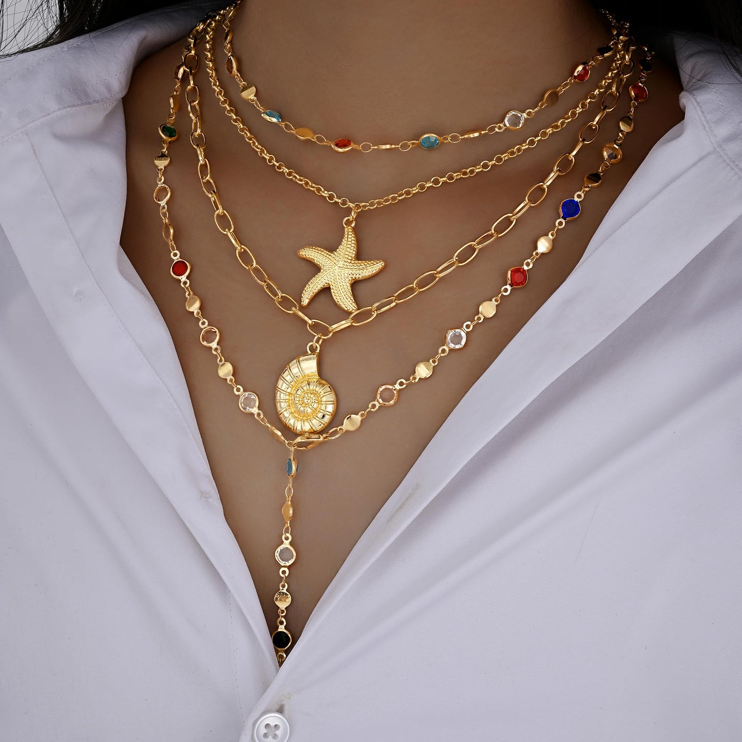 4PCS Layered Gold Cross Necklaces for Women Trendy, Bohemian Bead Pearl Y Long Pendant Necklace Set, Vintage Rosary Necklace Stack Adjustable Length