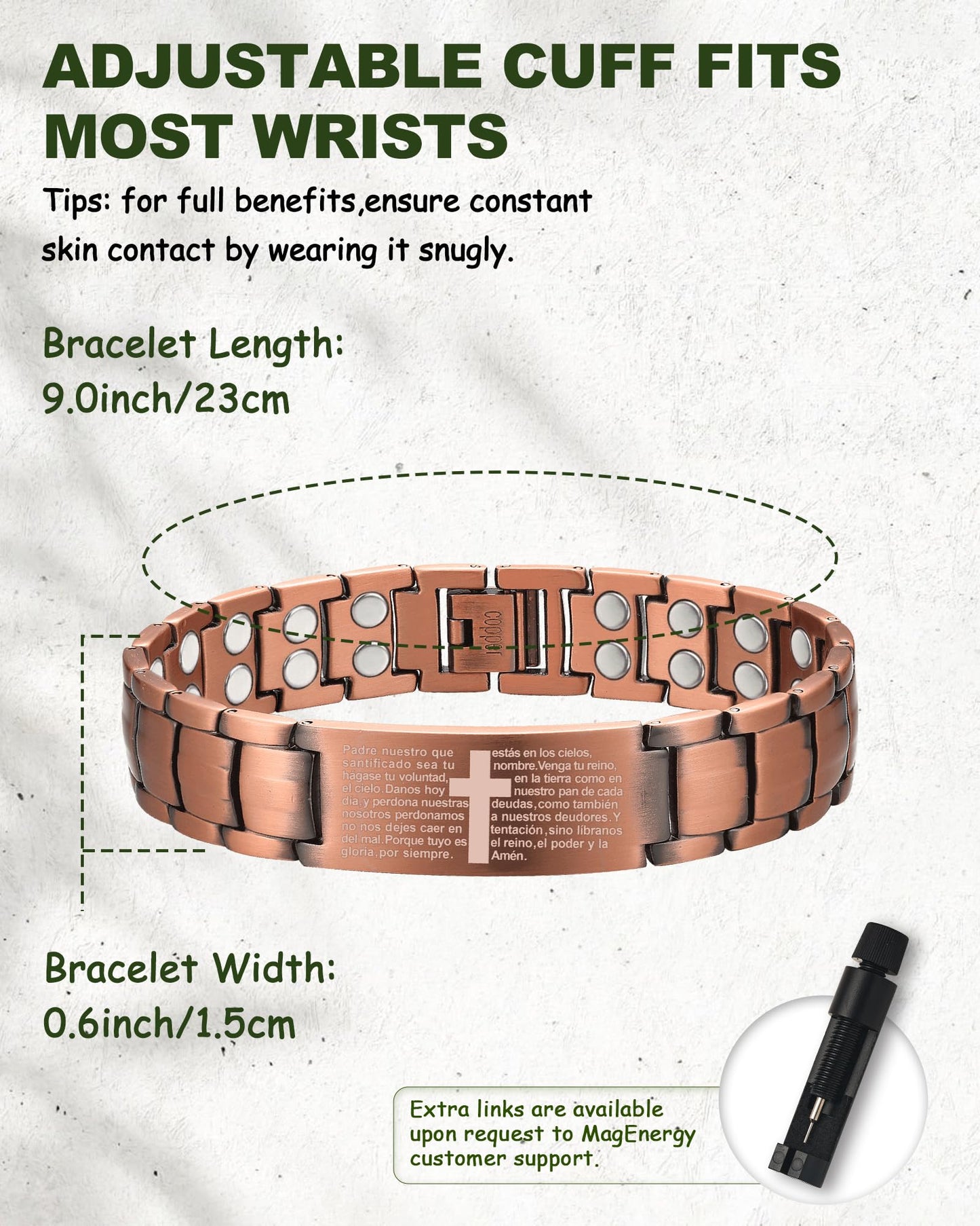 MagEnergy Copper Bracelet for Men, Pulsera de Cobre para Hombres, 99.99% Cross Copper Magnetic Bracelet with Strength 3500 Gauss Magnets, Jewelry Gift for Him