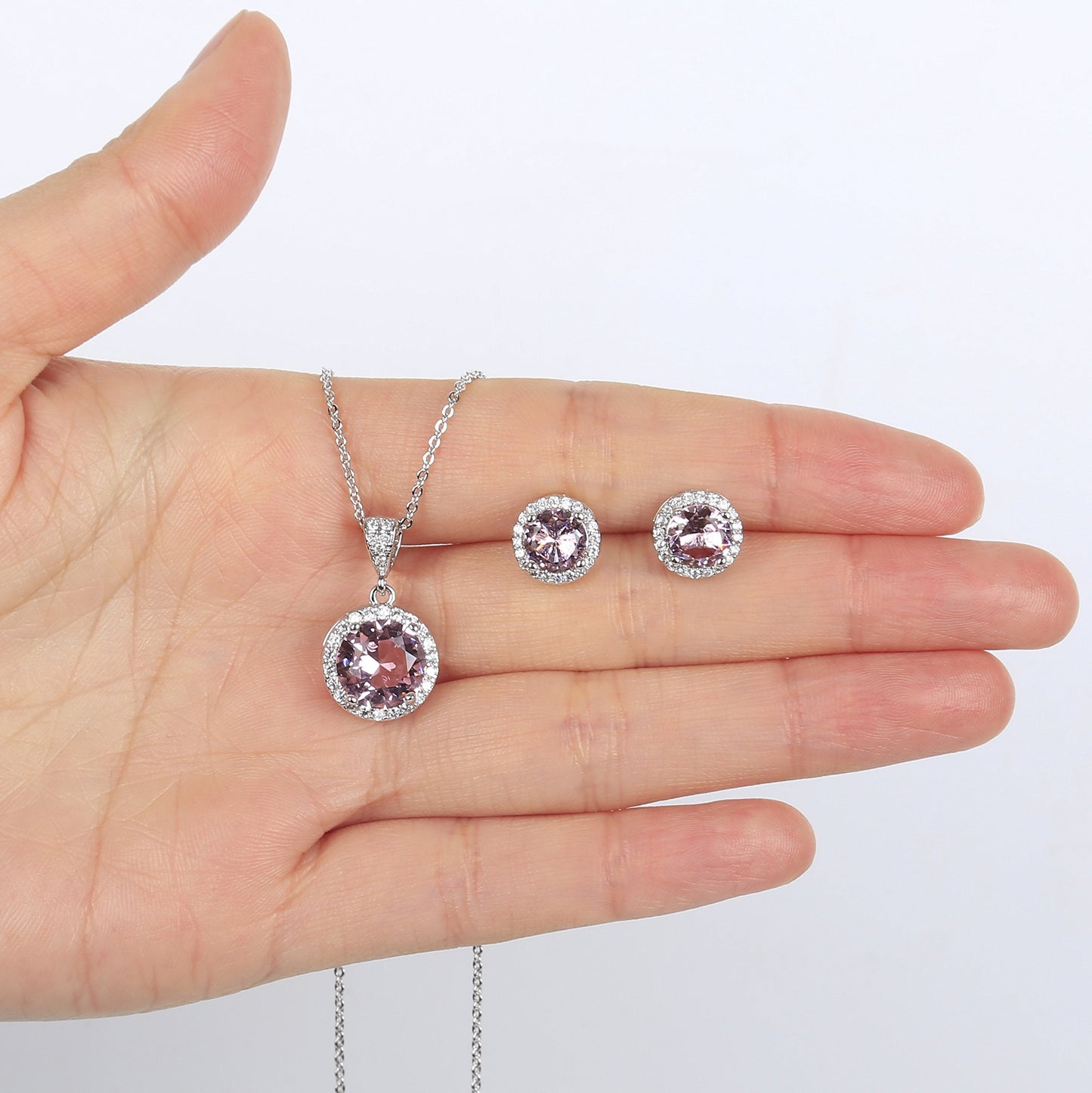 AMYJANE Bridal Jewelry Set for Women - Sterling Silver Round Pink Crystal Cubic Zirconia Pendant Necklace Earrings Set for Wedding Bride Bridesmaids Party Prom Valentine's Day Jewelry Accessories