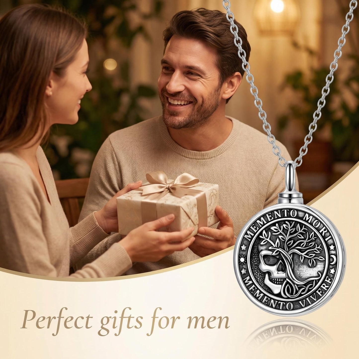 Memento Mori Urn Necklace for Ashes Gothic Skull Pendant Tree of Life Hourglass Cremation Memorial Jewelry Amulet Protection Necklace Gift for Men Women Him Her