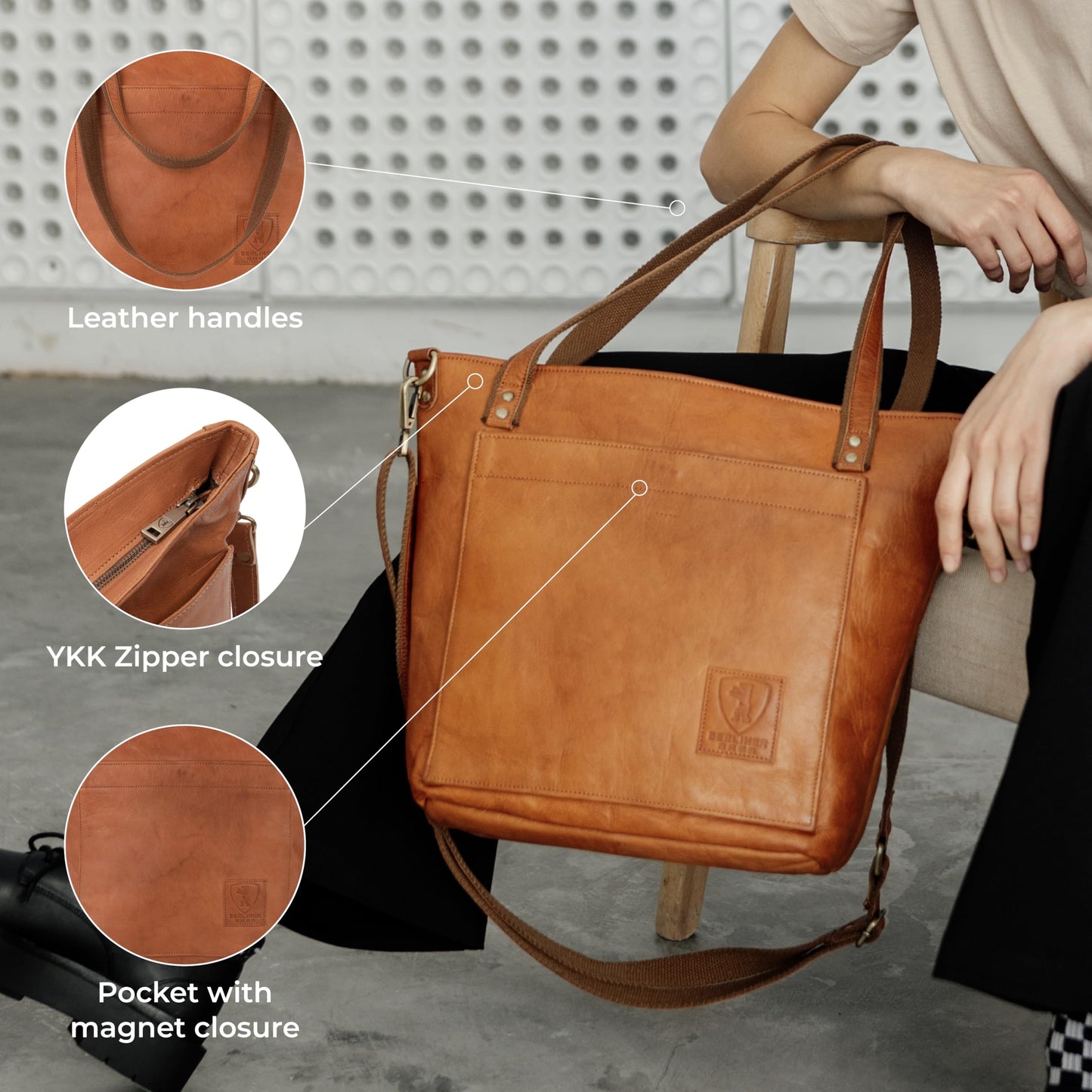 BERLINER BAGS Vintage Leather Shoulder Bag Verona, Large Handbag for Women - Brown