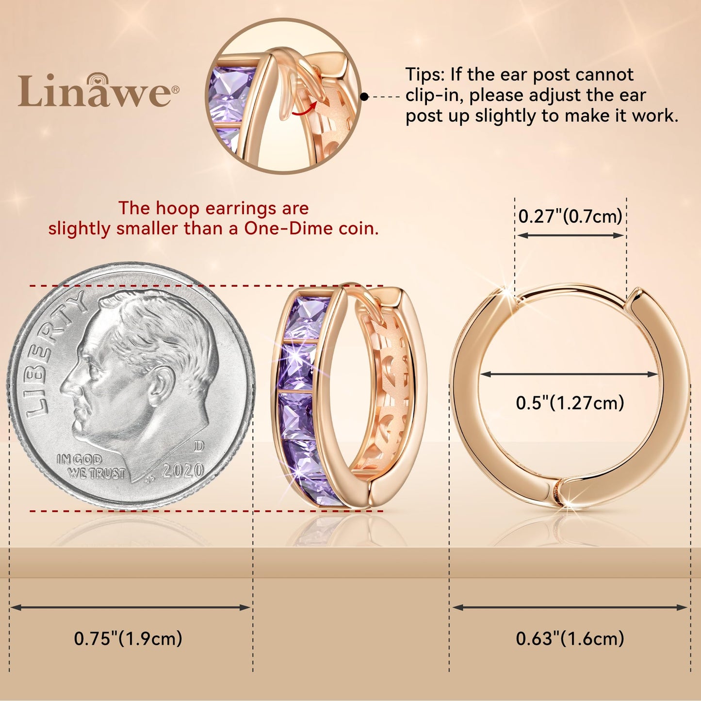 Linawe Hoop Earrings Rose Gold, Purple Earrings for Women Trendy, Amethyst Cubic Zirconia Rhinestone Earrings Studs, Helix Small Hoop Huggie Earrings, Tragus Safety Pin Cartilage