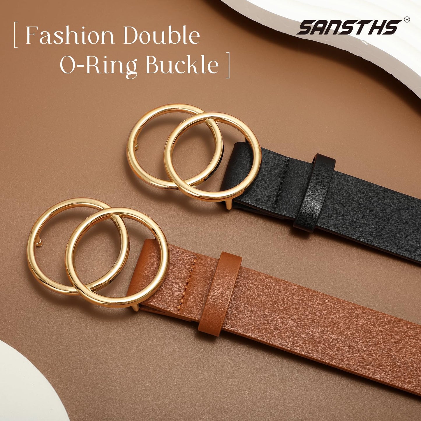 SANSTHS 2 Pack Women Leather Belts Faux Leather Jeans Belt with Double O Ring Buckle Black Brown M