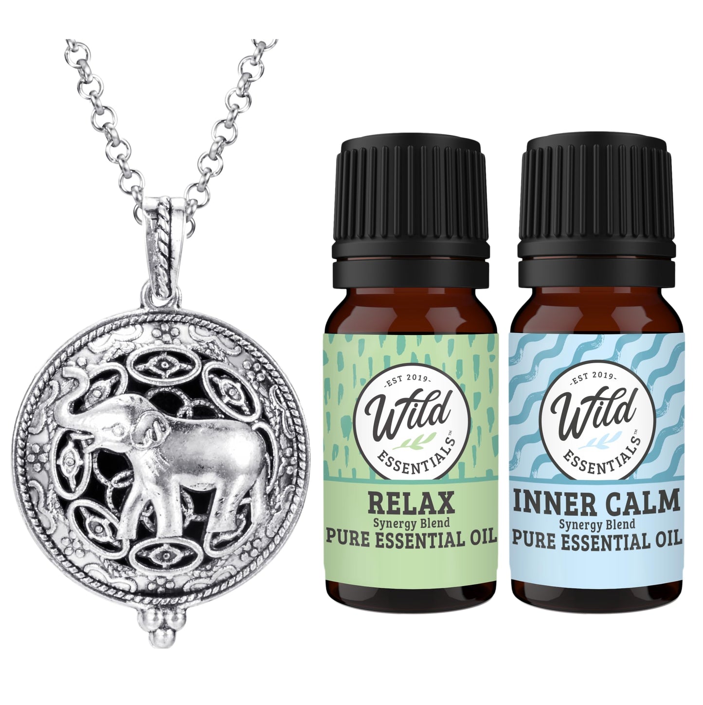 Wild Essentials Elephant Essential Oil Diffuser Necklace Gift Set with Inner Calm & Relax Oils – Nickel Free Alloy Pendant with 12 Color Pads – USA Made Oils & Perfume Necklace – Family Company