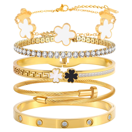 Camhanno 18K Gold Plated Bracelet Set for Women, Stainless Steel Bangle Set with Four Leaf Clover, Crystal Rhinestone Lucky Charm Jewelry, 5-Piece (White Clover Bracelet Collection)