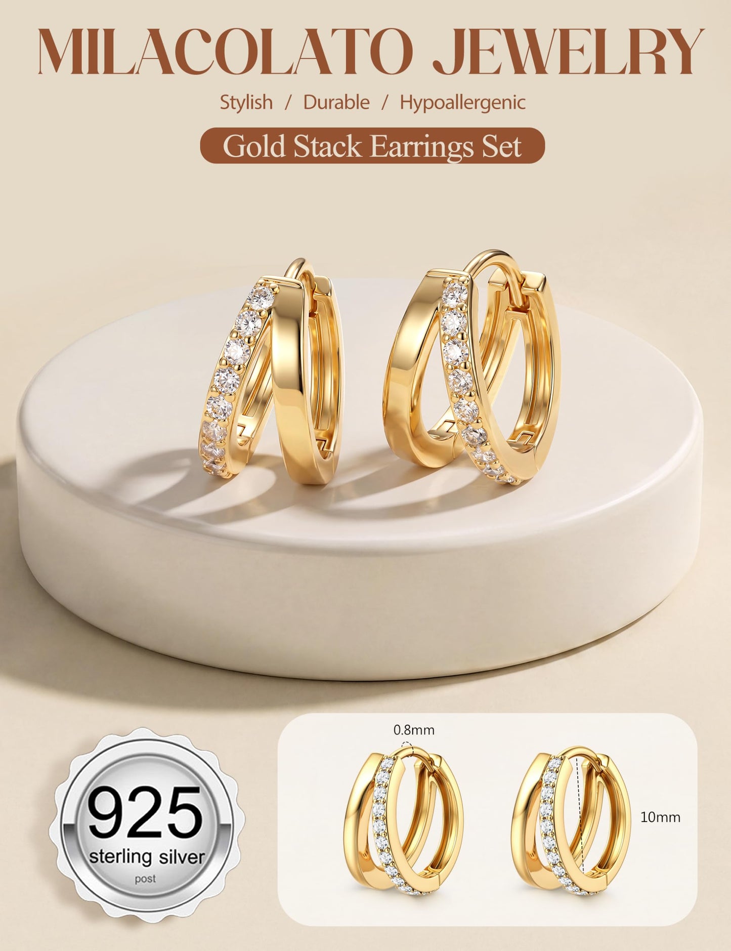 MILACOLATO 925 Sterling Silver Earrings for Women, 14K Gold Plated Small Huggie Hoop Earrings, Single CZ Double Hoop Earrings Stacks Trendy Jewelry Gifts