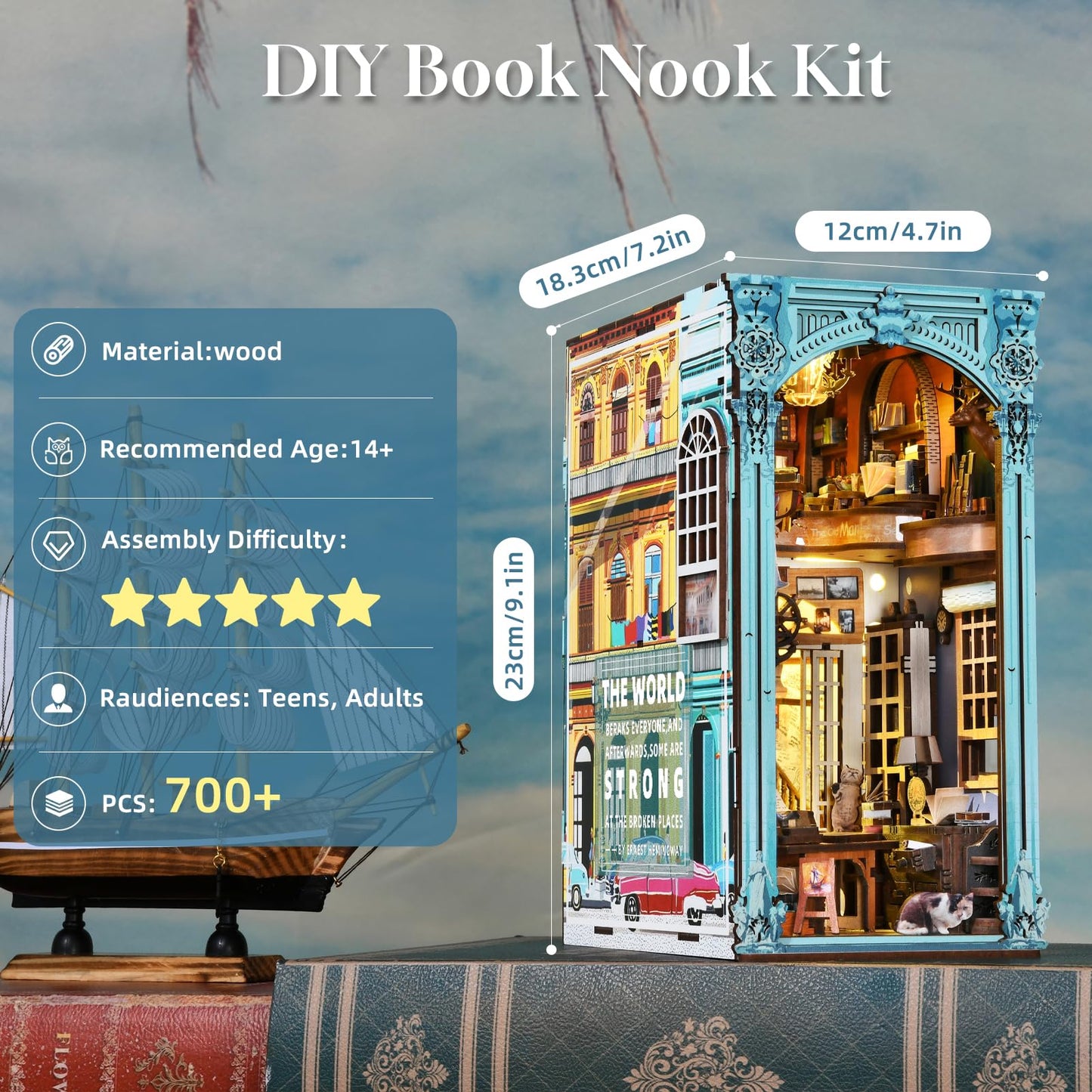 CCCDF DIY Book Nook Kit, Miniature Dollhouse Booknook Kit, 3D Wooden Puzzle Bookend Bookshelf Insert Decor with LED Light for Teens and Adults (Hemingway House)