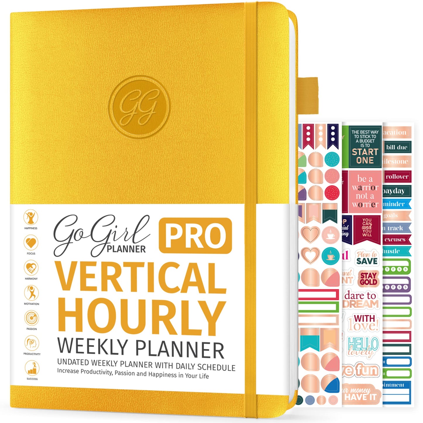 GoGirl Planner PRO Schedule - Undated Planner with Hourly Time Slots, Monthly, Weekly & Daily Organizer, Appointment Book for time Management, 7"x10" Hardcover, Lasts 1 Year - Amber Yellow