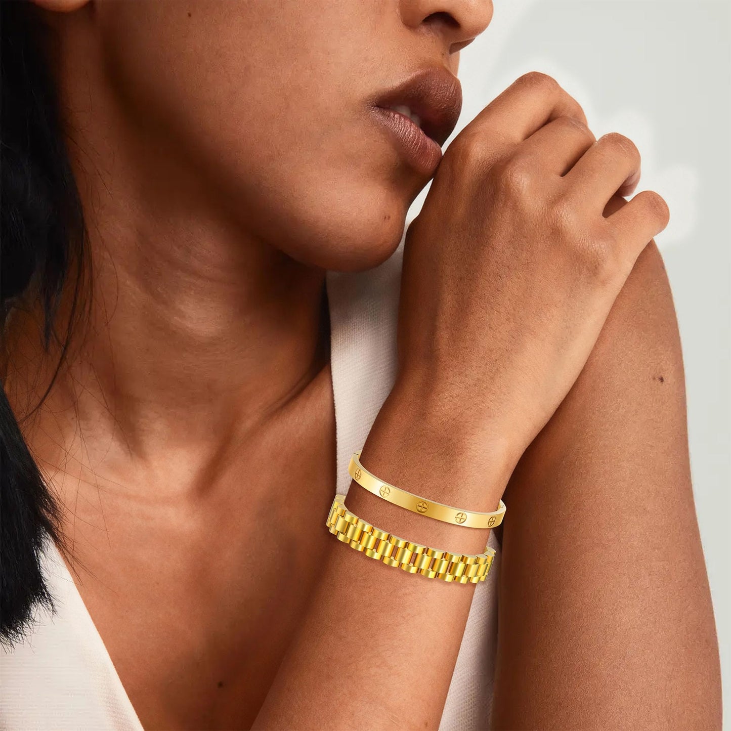 2PCS Gold Chain Link Watch Bracelet Set,18K Gold Plated Stackable Bracelets for Women,Stainless Steel Jewelry with Adjustable Tool, Non-Tarnish Friendship Love Bracelet Gift for Her. (2pcs-B Gold)