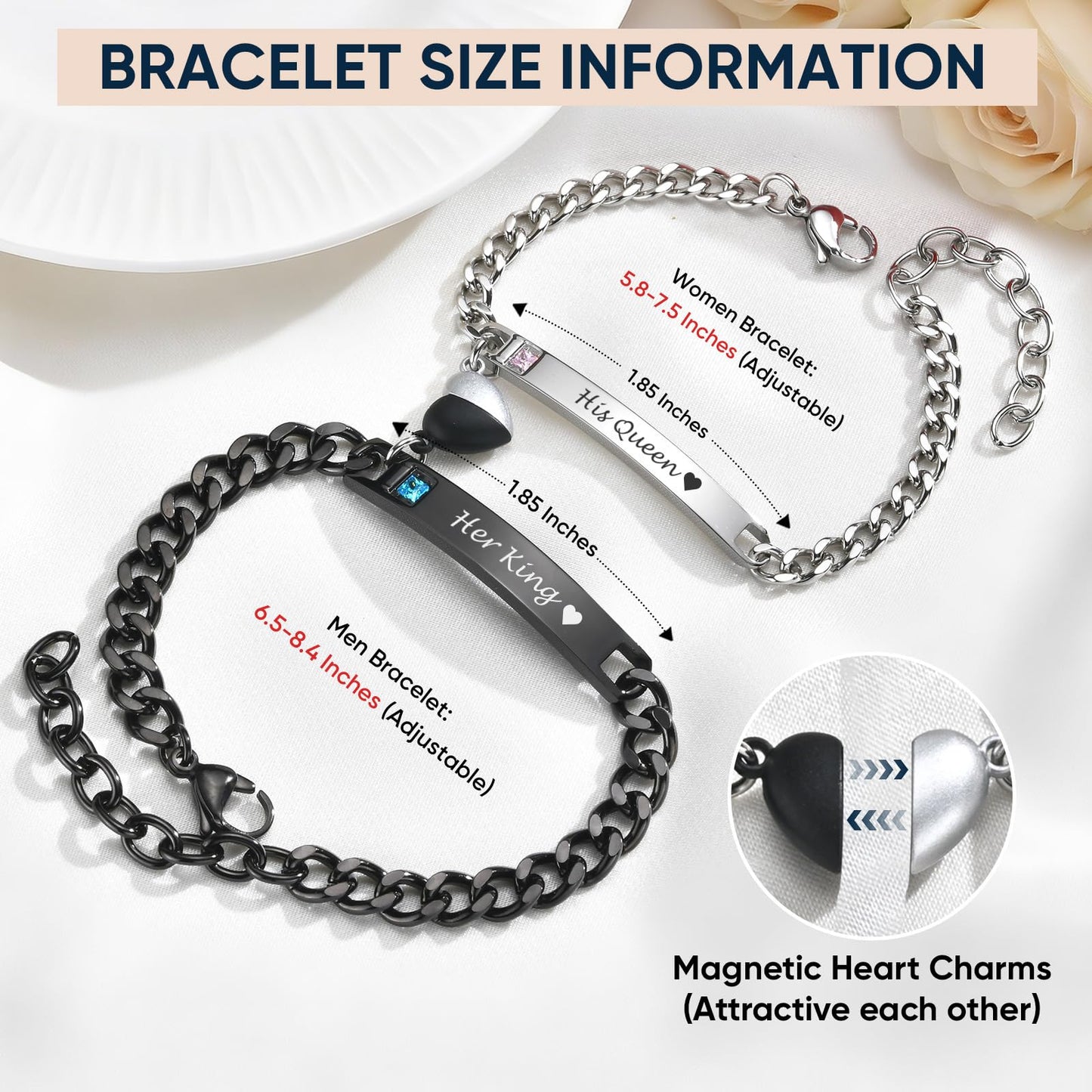 MEALGUET Matching Couple Bracelets for Men Women : Her King His Queen Cuban Link Chain Bracelets Set Jewelry for Boyfriend Girlfriend Husband Wife, Romantic Gifts for Valentines Birthday Anniversary