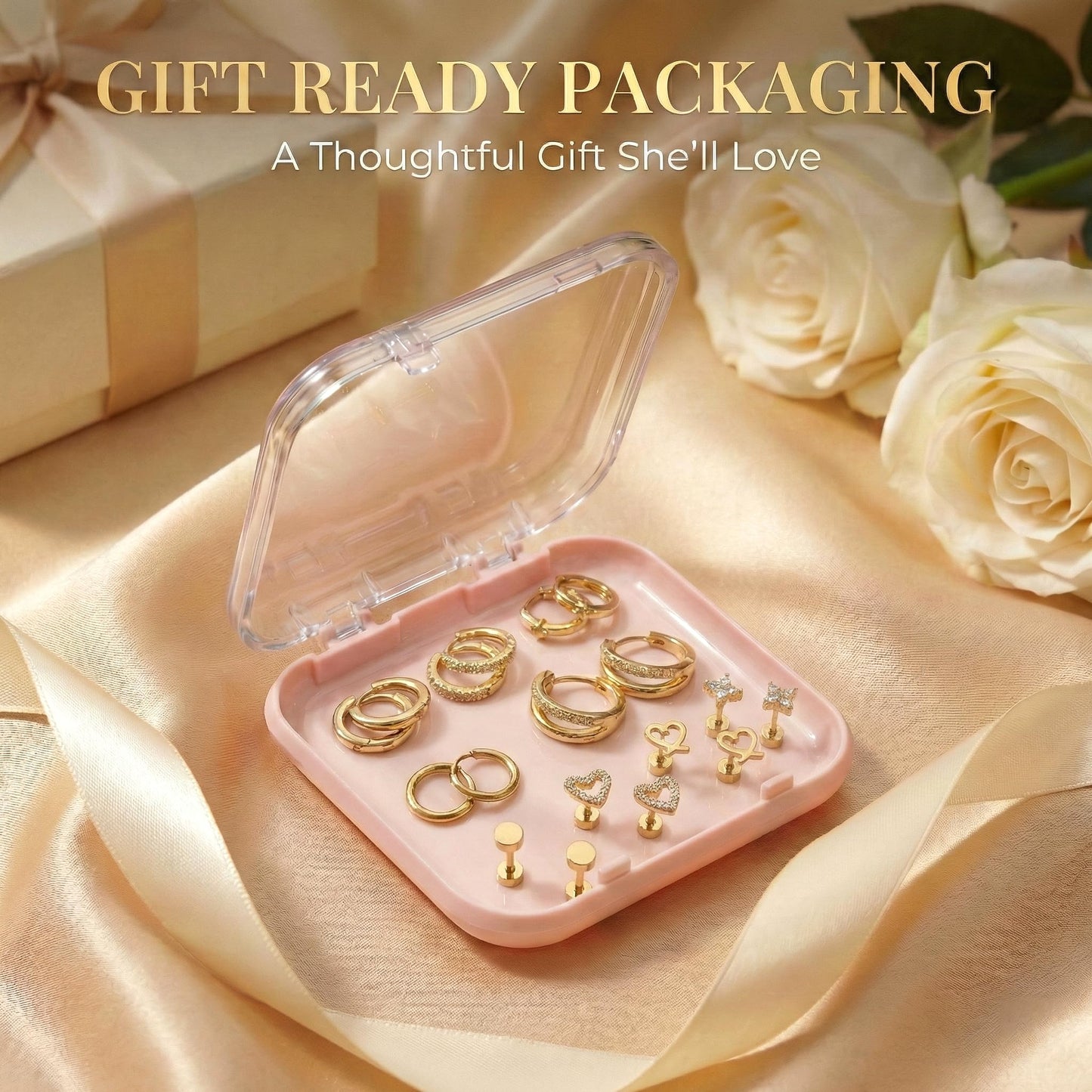 Nunpag 9 Pairs Hypoallergenic 14K Gold Plated Flat Back Earrings for Women CZ Stones Studs Earring Circle Heart Clover Hoop Earrings Stainless Steel Jewelry Gift for Sensitive Ears