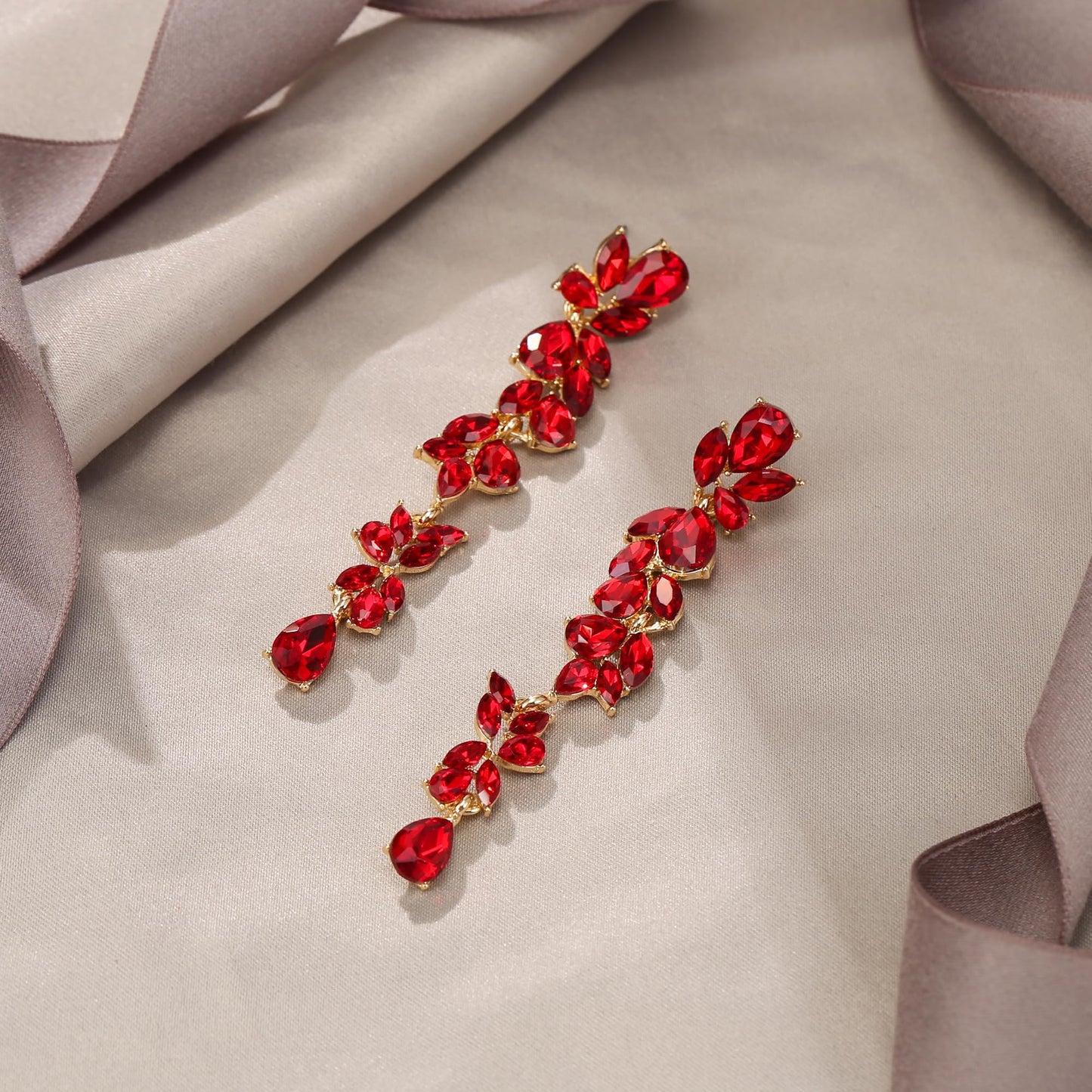 EVER FAITH Rhinestone Crystal Chandelier Dangle Earrings for Women, Art Deco Marquise Teardrop Bridal Wedding Long Drop Earring for Prom Red Gold-Plated-Base