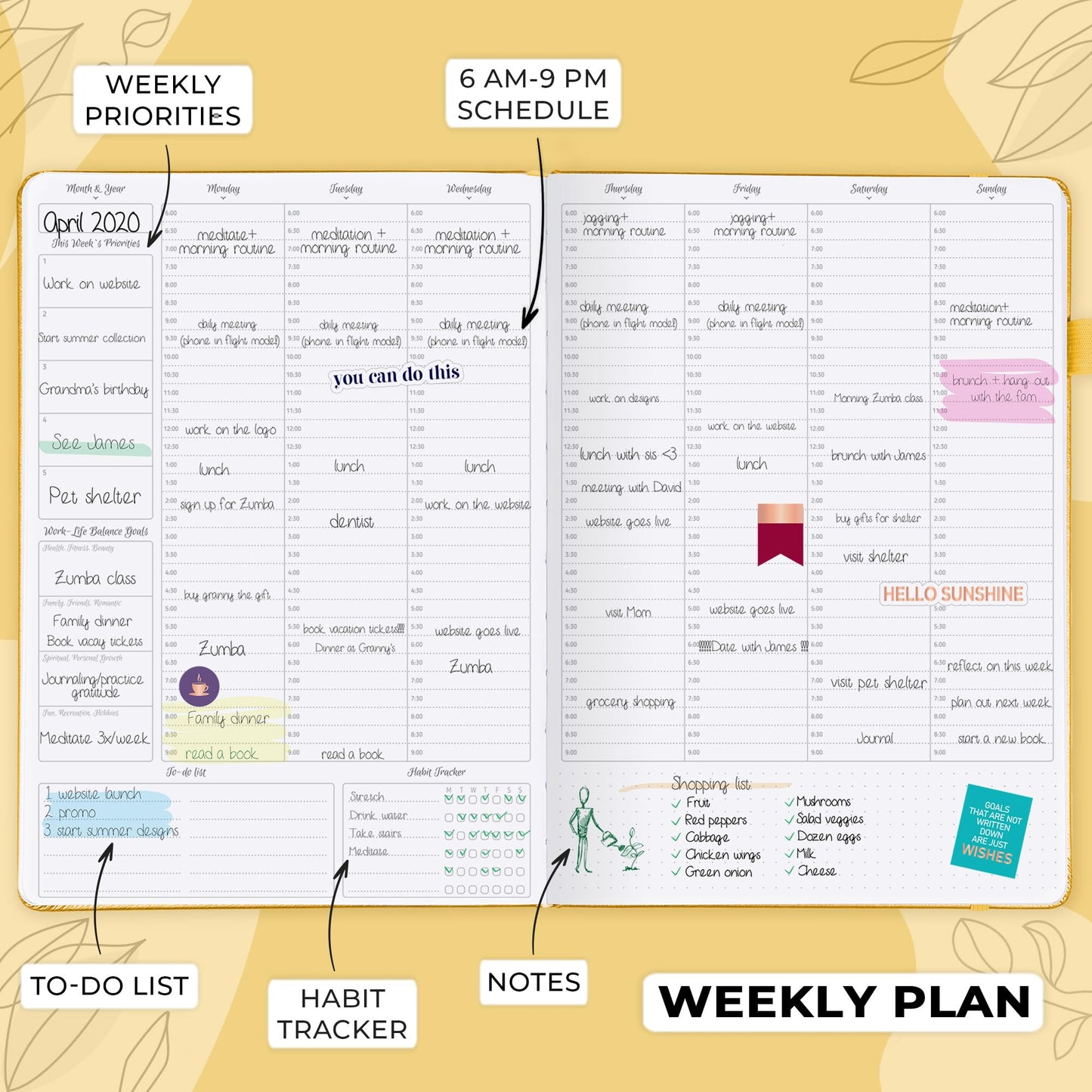 GoGirl Planner PRO Schedule - Undated Planner with Hourly Time Slots, Monthly, Weekly & Daily Organizer, Appointment Book for time Management, 7"x10" Hardcover, Lasts 1 Year - Amber Yellow