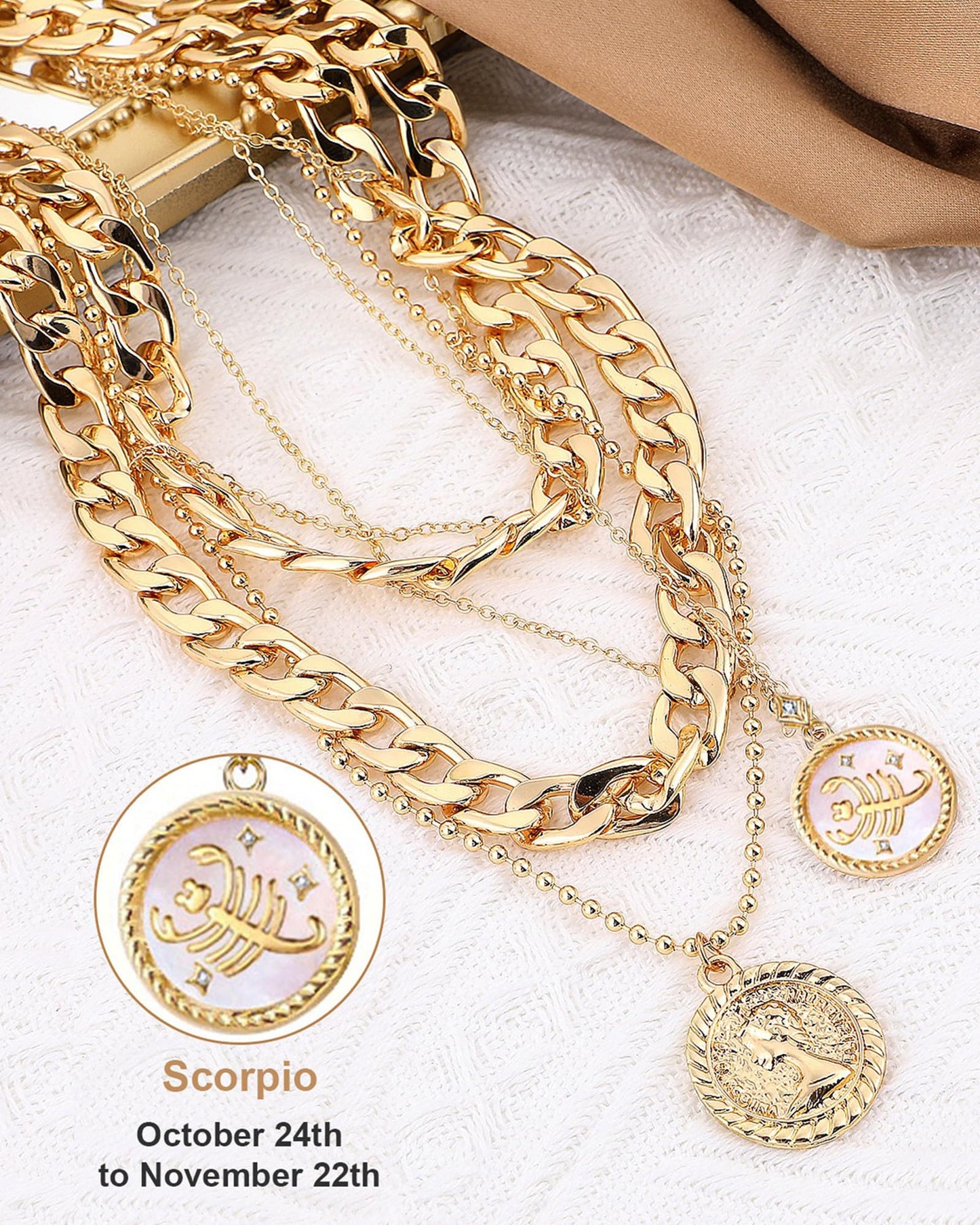 MJartoria Gold Layered Necklaces for Women Trendy Retro Coin Pendant Necklace Dainty Chunky Chain Choker Necklaces for Jewelry Birthday Gifts (Gold, Zodiac-Scorpio-3PCS Layered)
