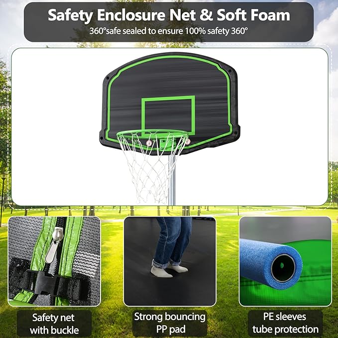 12FT 14FT Trampoline with Slide and Swings, ASTM Approved Outdoor Trampoline with Basketball Hoop and Ladder, Capacity for 5-7 Kids and Adults