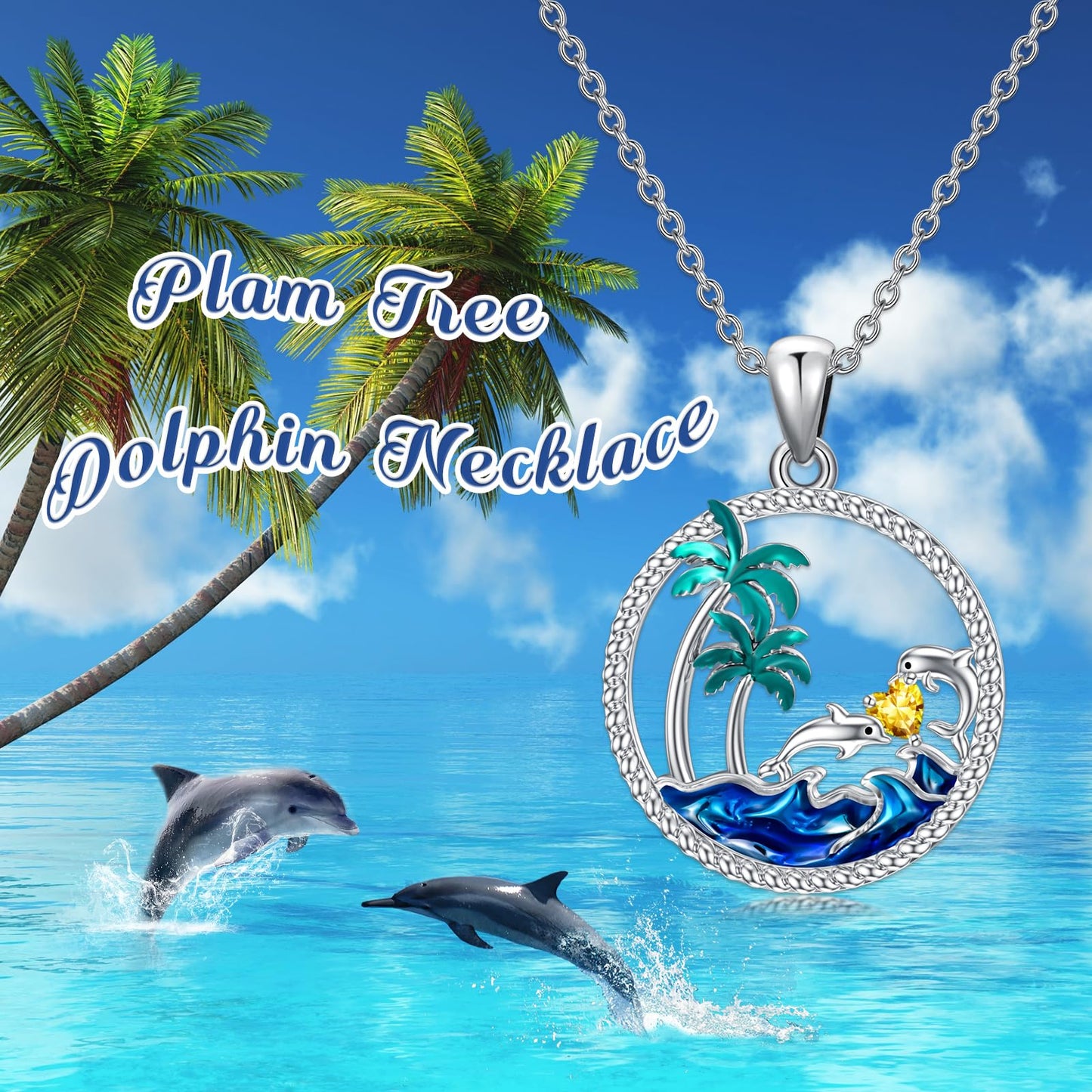 PROESS Dolphin Necklace Sterling Silver November Birthstone Necklace Palm Tree Beach Jewelry Ocean Animal Gifts for Women Daughter
