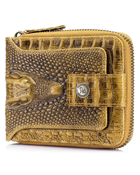 STEELLION Men's Genuine Cowhide Leather Wallet, Crocodile Embossed Bifold with 15 Card Slots, RFID Blocking & Secure Zipper Coin Pocket