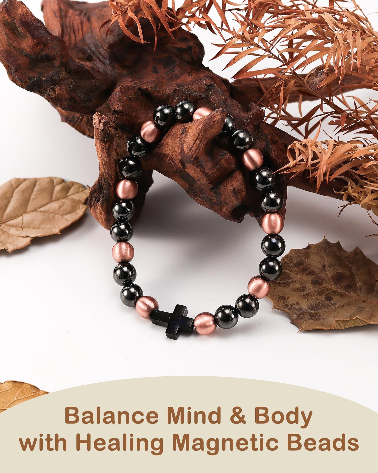 Feraco Pure Copper Magnetic Bead Bracelet for Men Women with Cross, 8mm 99.99% Solid Copper & 3500 Gauss Magnetic Hematite Beads, Unisex Stretch Wristband, Gift-Ready Jewelry