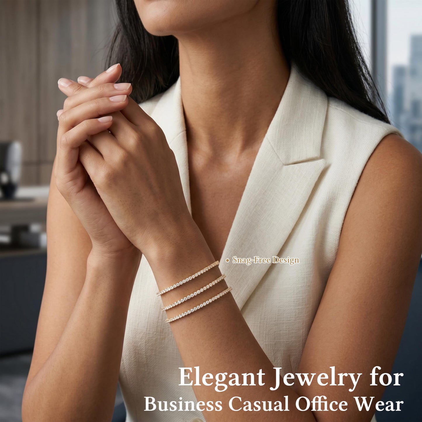 Dainty 2mm Gold Tennis Bracelet Set for Women, 14K Gold Plated Triple Stackable Zirconia Bracelets, Minimalist Professional Jewelry for Business Casual Office Wear, 3-Piece Sparkle Wrist Set
