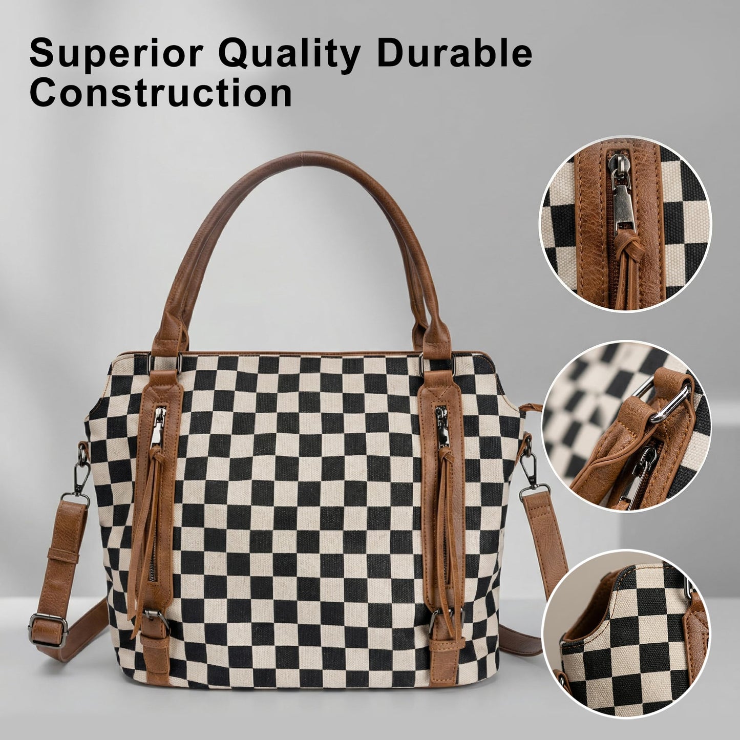 Checkered Crossbody Bag, Checkered Purse, Large Capacity Shoulder Bag, Handbag with Wallet and Cherry Charm