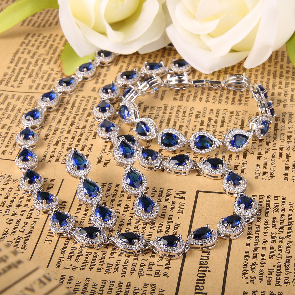 EVER FAITH Elegant CZ September Birthstone Teardrop Necklace Bracelet Earrings Set Blue Sapphire-Color