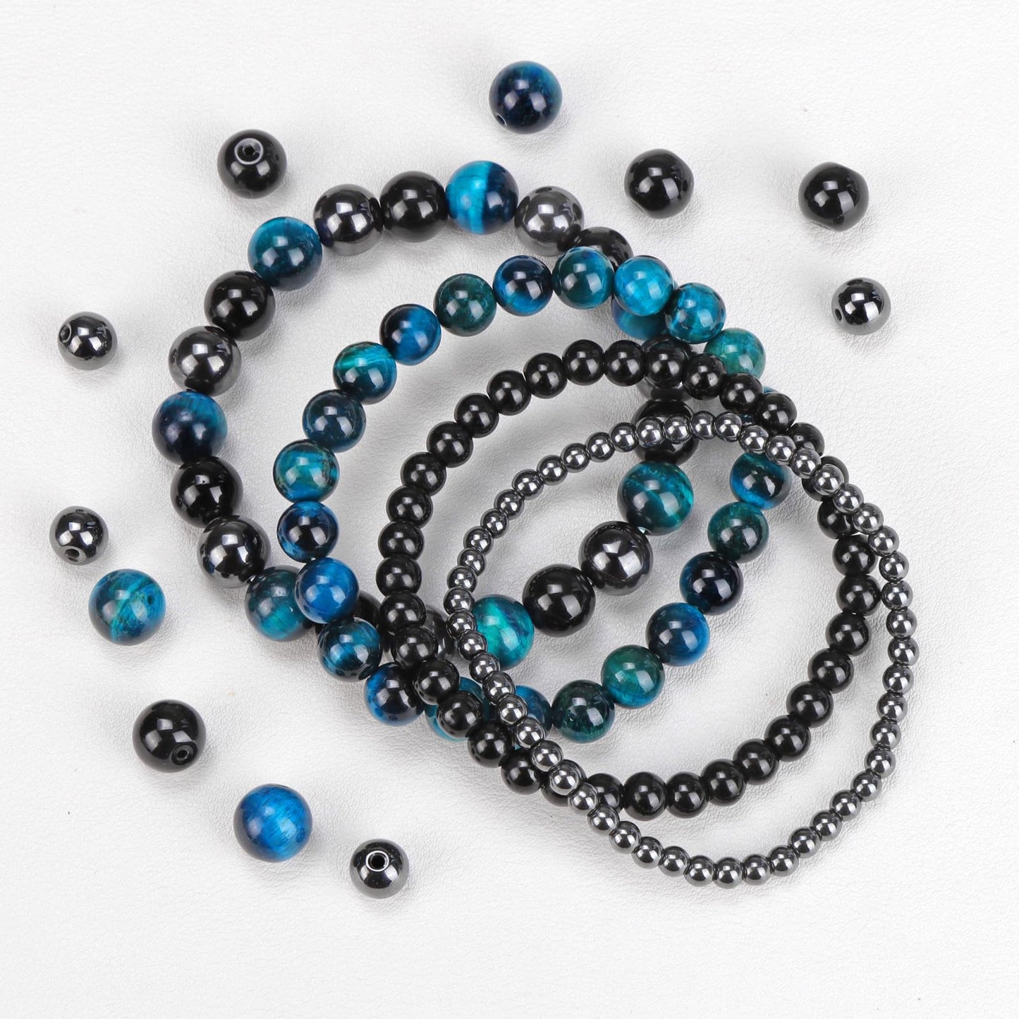 Vinswet 4pcs Natural Stone Beaded Bracelets for Women Men,Healing Crystal Gemstones Stretch Bracelet,4mm 6mm 8mm 10mm Blue Tiger Eye Black Obsidian Hematite Anxiety Stress Relief Bracelet Jewelry Gifts