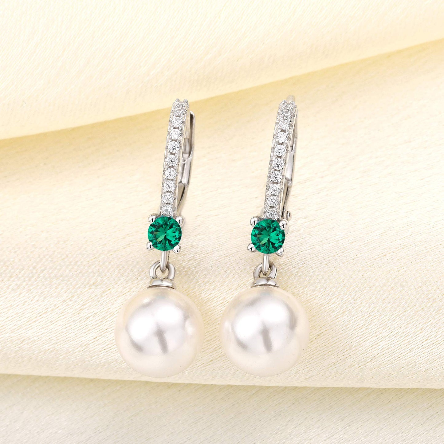 JO WISDOM Pearl Earrings,925 Sterling Silver 8mm Pearl Leverback Drop Earrings with 3A CZ May Birthstone Emerald Color,Wedding Earrings