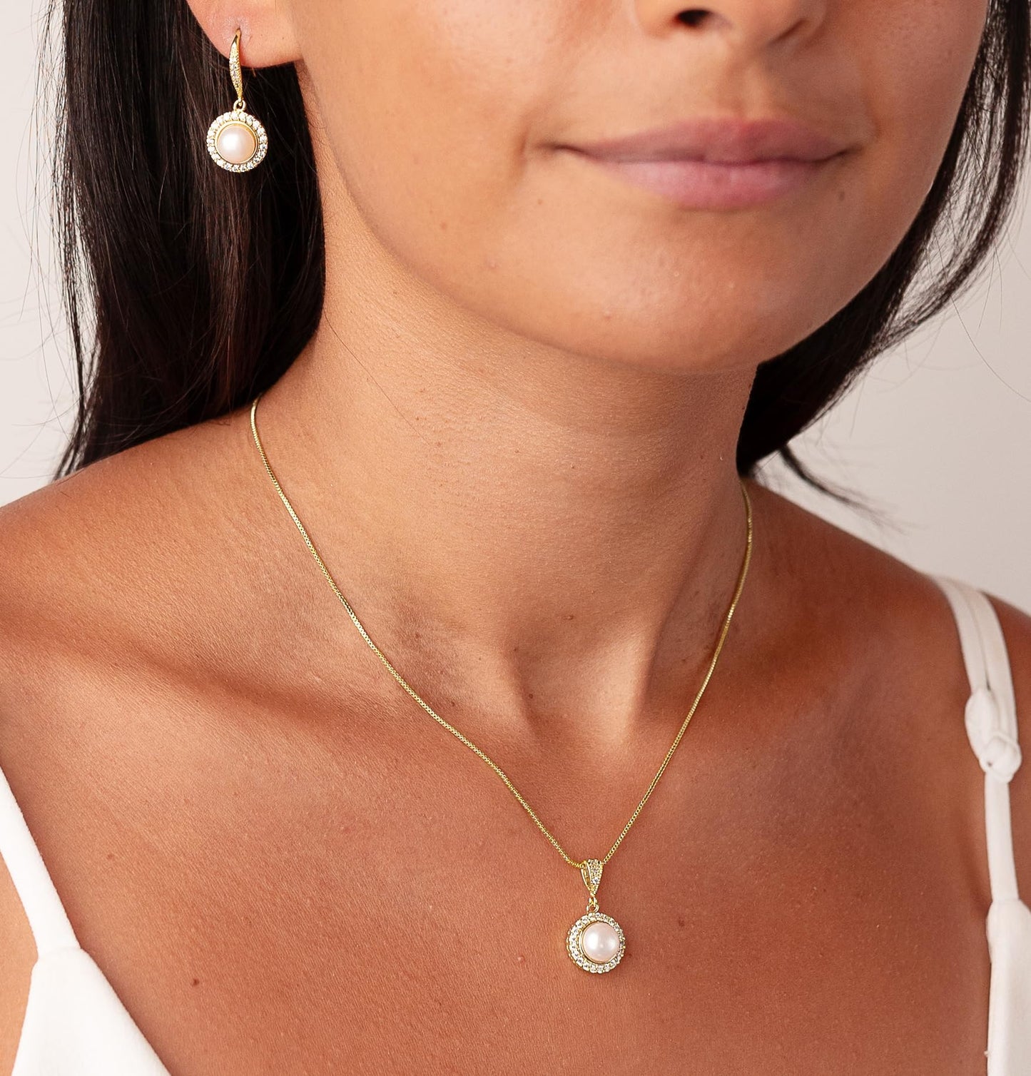 Mariell Pearl Bridal Wedding Necklace & Earrings Jewelry Set for Brides, Bridesmaids, 14K Gold Plated Bridal Jewelry