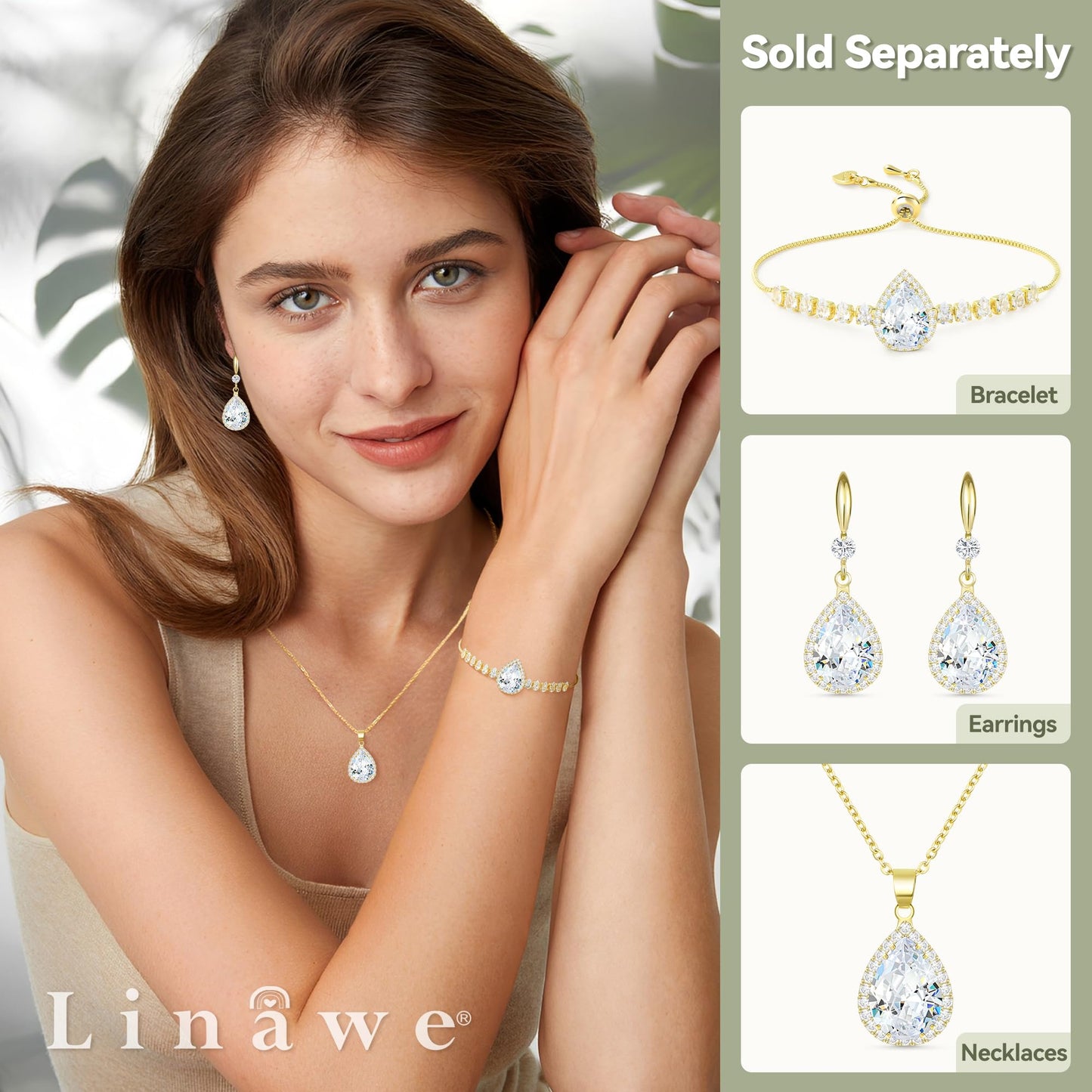 Linawe 14K Gold Imitation Diamond Dangle Wedding Earrings, Chandelier Rhinestone Drop Earrings for Women Trendy, Cubic Zirconia Earrings Crystal Teardrop Jewelry Set