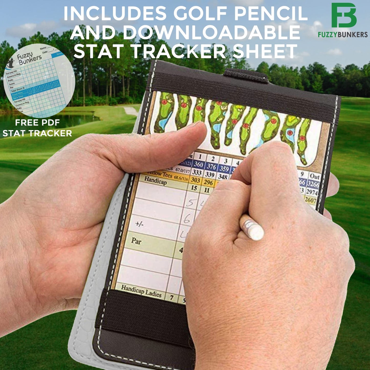 FB FUZZYBUNKERS Quality Leather Golf Scorecard Holder - Yardage Book Cover - Golf Yardage Book -Free Pencil and Stat Tracker Sheet (Gray)