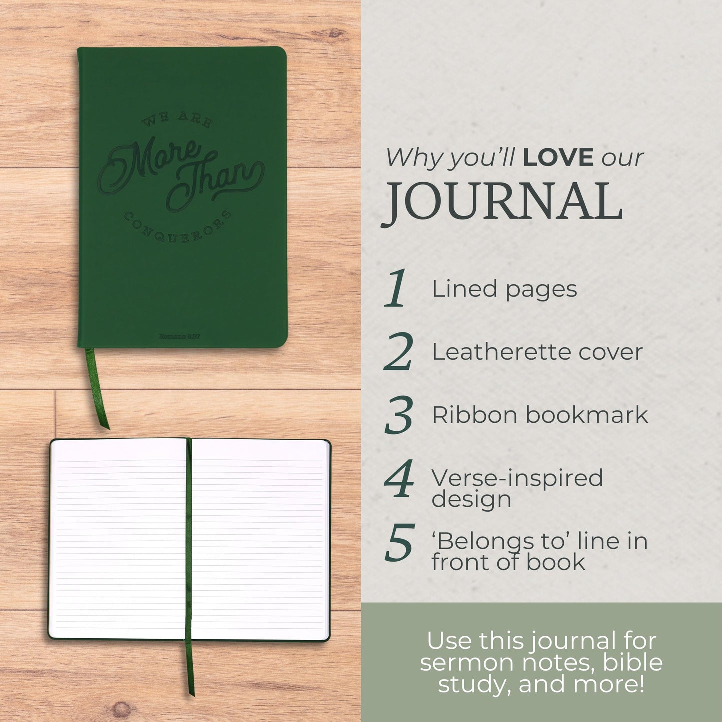 Steel Mill & Co Faux Leather Journal, 8.5” x 6” Scripture Quote Notebook with 160 Lined Pages, Book-Bound, Dark Green Leatherette Writing Journal with Debossed Cover and Ribbon Bookmark for Women & Men (More than Conquerors)