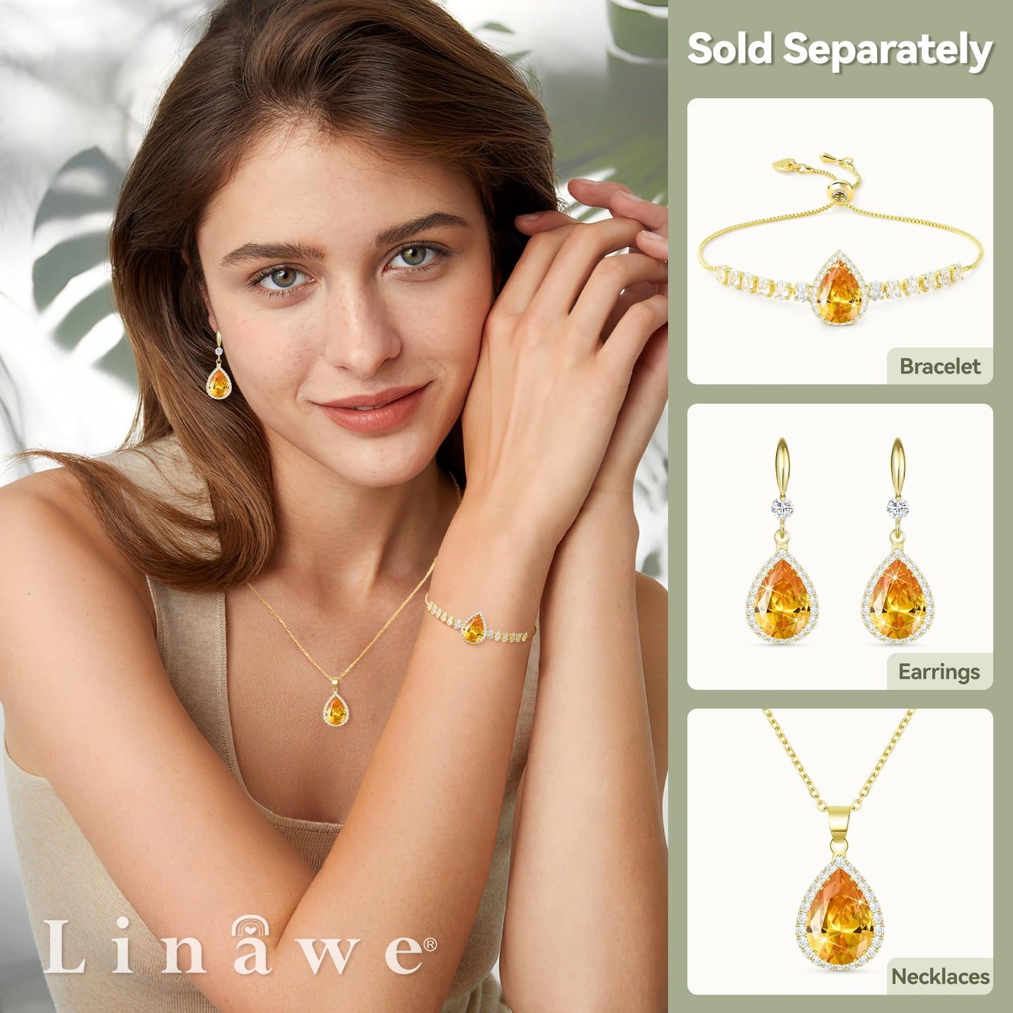 Linawe Yellow Dangle Earrings, 14K Gold Imitation Diamond Drop Earrings, Chandelier Rhinestone Citrine Cubic Zirconia Crystal Wedding Earrings for Women Trendy, Jewelry Set