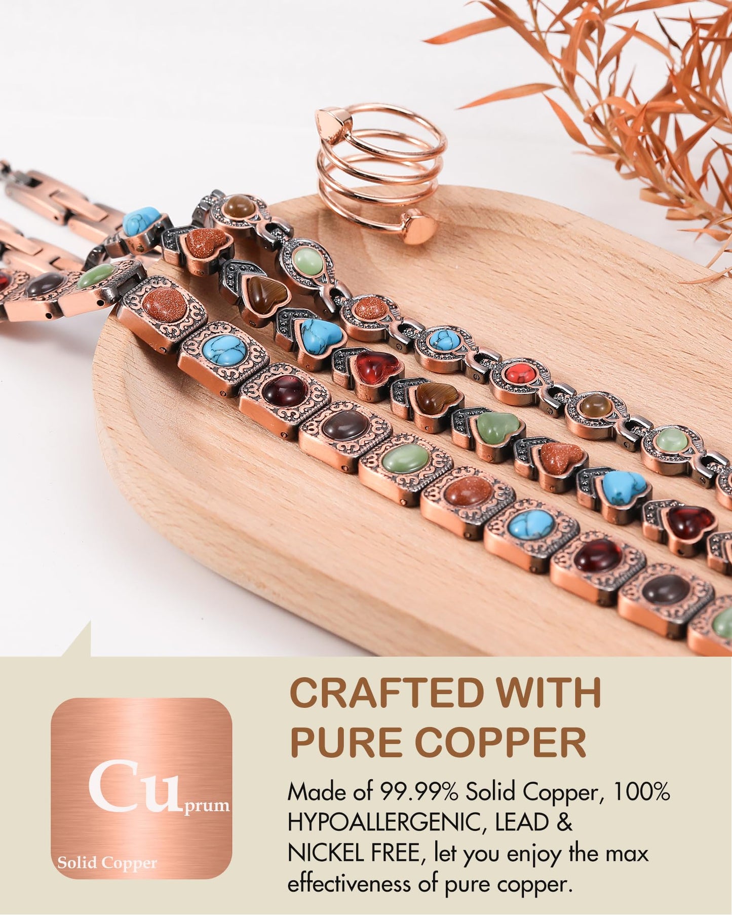 Feraco Pure Copper Bracelets & Rings for Women, Ultra Strength Magnetic Copper Bracelet with 3800 Gauss Magnets, Natural Turquoise & Stones, Adjustable Jewelry Gift (Heart Bloom)