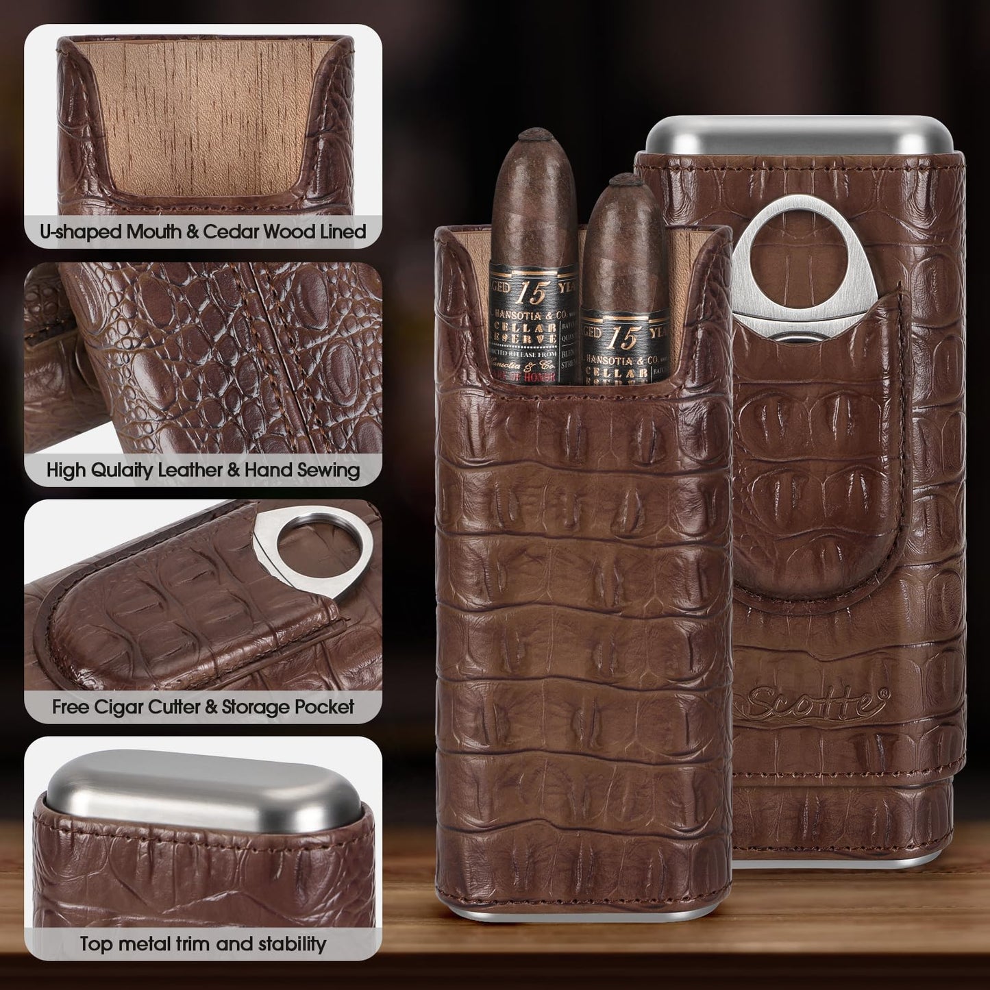 Scotte Cigar Humidor Case/Jar,Leather Cigar Case Cedar Wood Lined Cigar Box