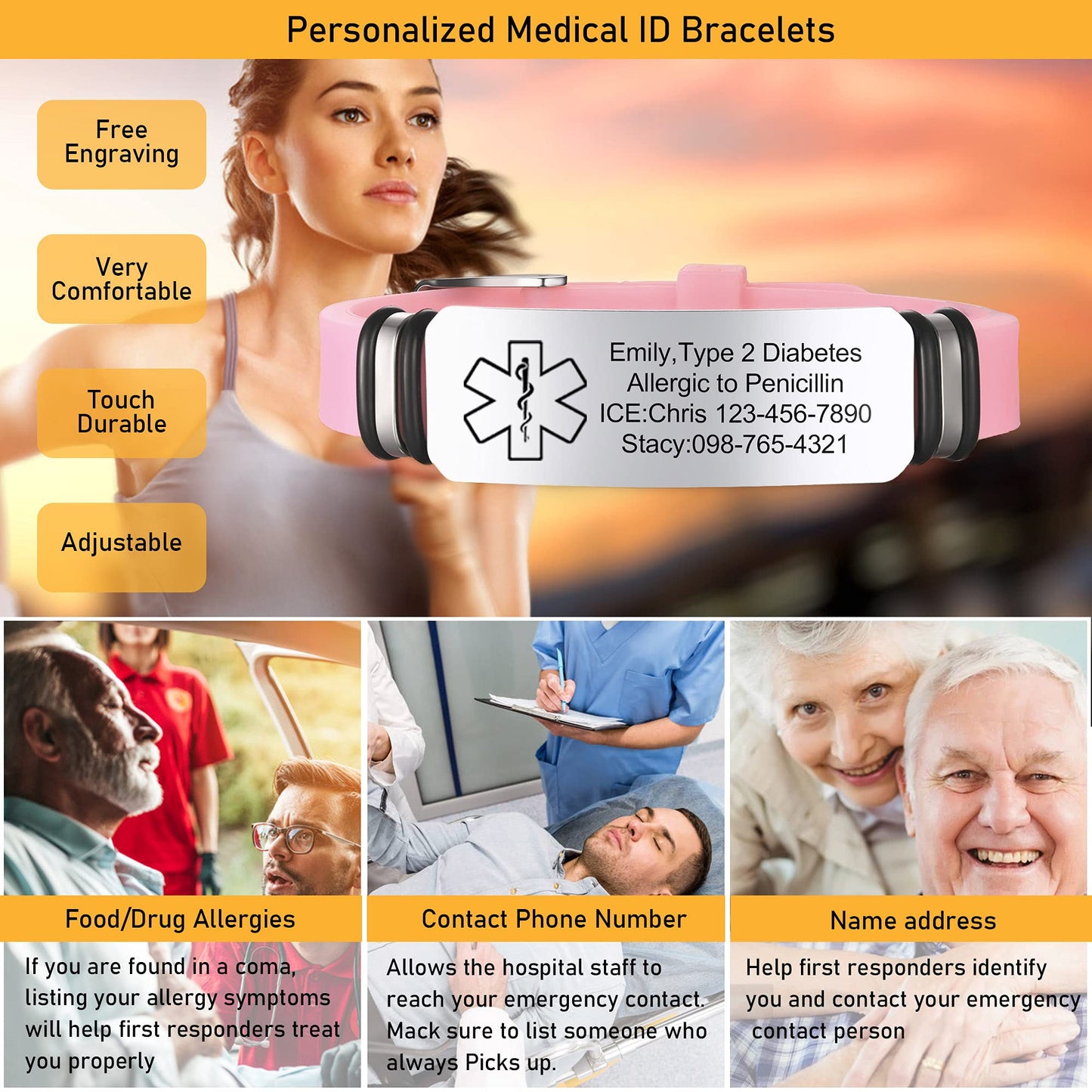 VNOX Pink Medical Alert Bracelets for Men Women with Adjustable Sport Silicone Medical ID Bracelets Wristband