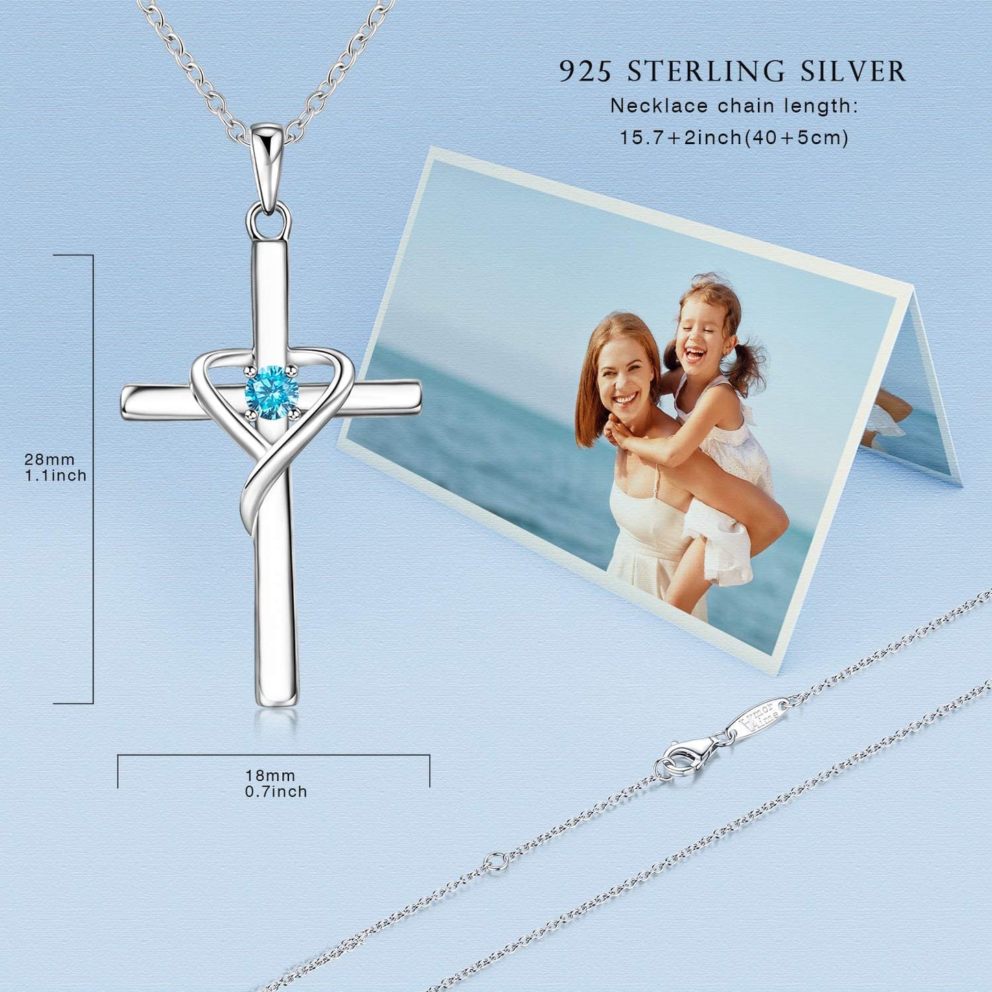AmorAime 925 Sterling Silver Cross Necklace for Women Men 14K Gold Plated 5A CZ Birthstone Necklaces for Holiday (L.Blue-December-Blue Topaz)