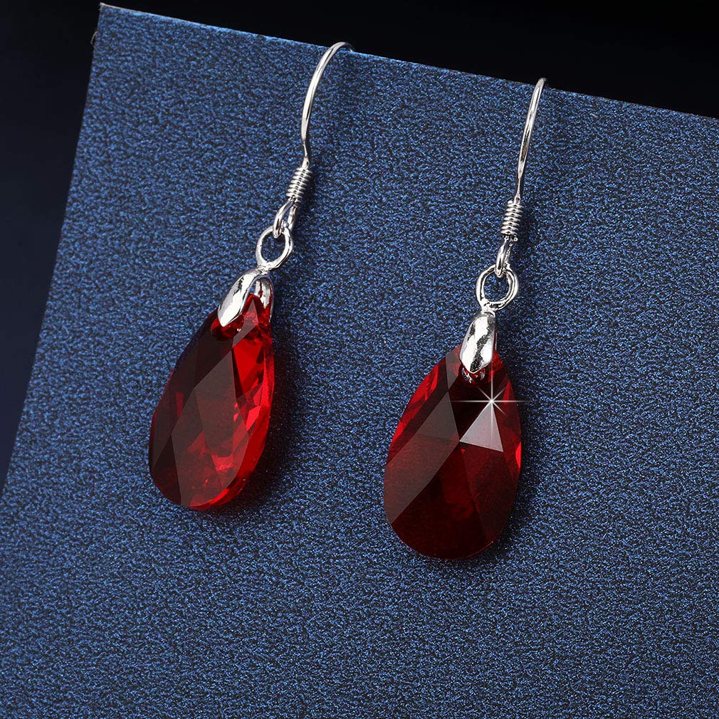 Teardrop Austrian Crystal Drop Dangle Earrings for Women 925 Sterling Silver Hook Hypoallergenic Earring (Red)