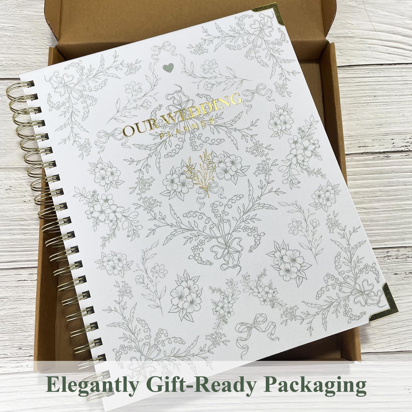 LADY&HOME Wedding Planner Book and Organizer - Wedding Planning Book for Bride,Linen Binder with Countdown Calendars & Checklists - Perfect Engagement Gifts for Couples - Green & White Floral